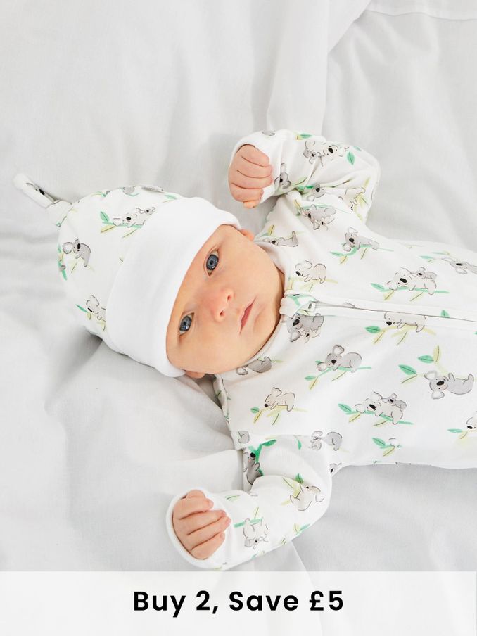 White Koala Print Zip Cotton Baby Sleepsuit (T46839) | £20