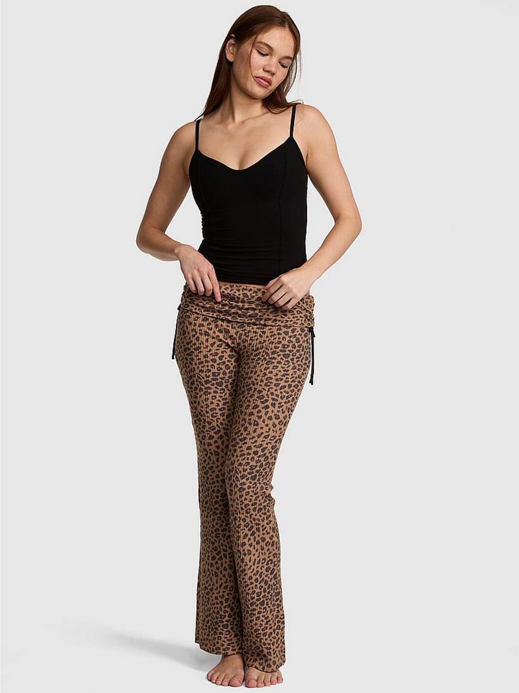 Brown Leopard - Long Waffle Foldover Pyjama Bottoms