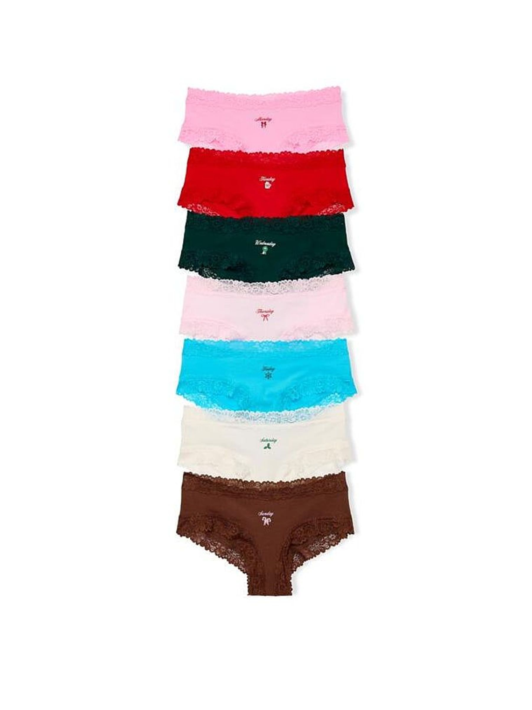 Pink/Red/Green/Blue/White/Brown - 7 Pack Lace Trim Knickers