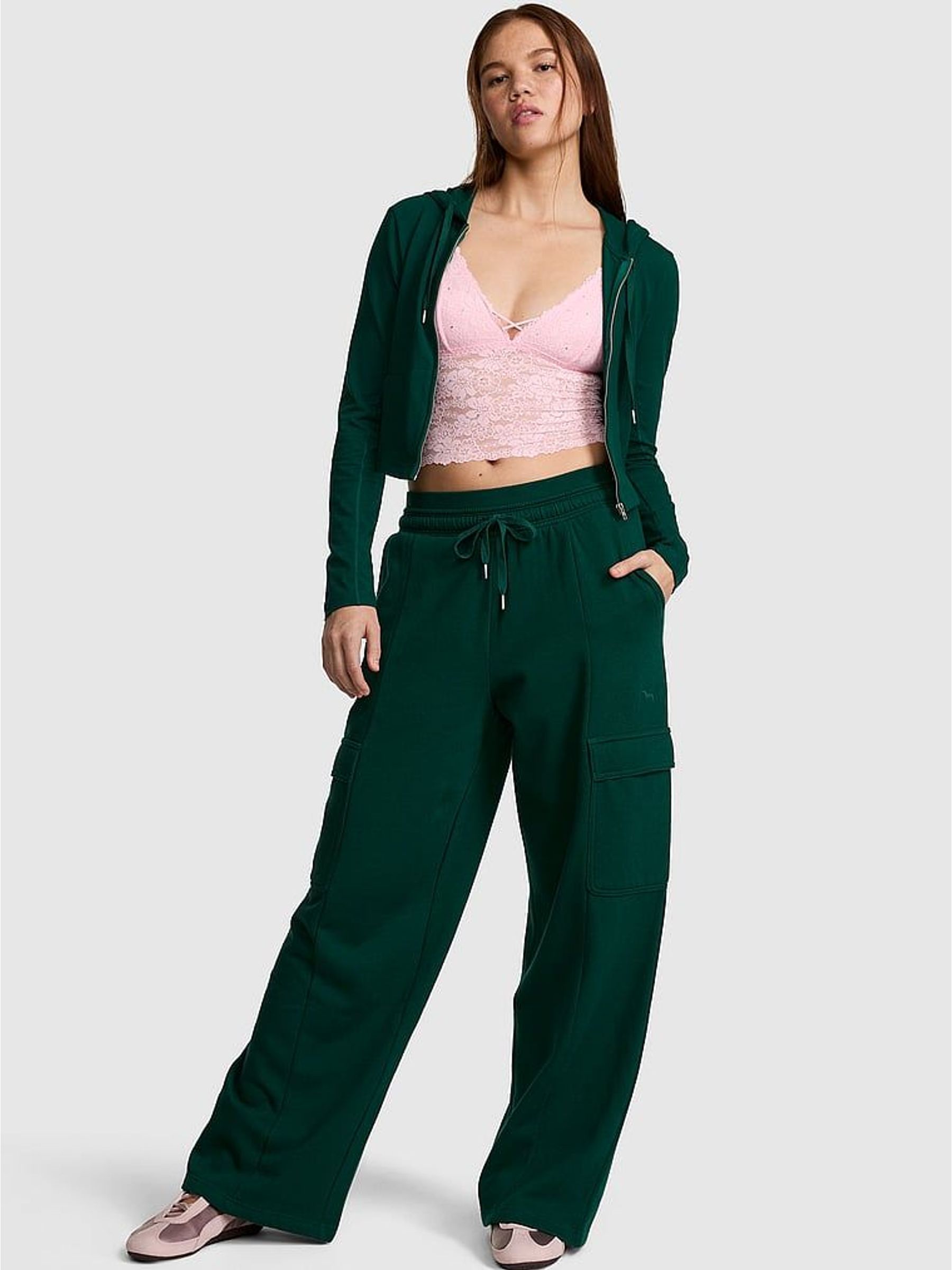 Dark Garden Green - Wide Leg Fleece Cargo Joggers