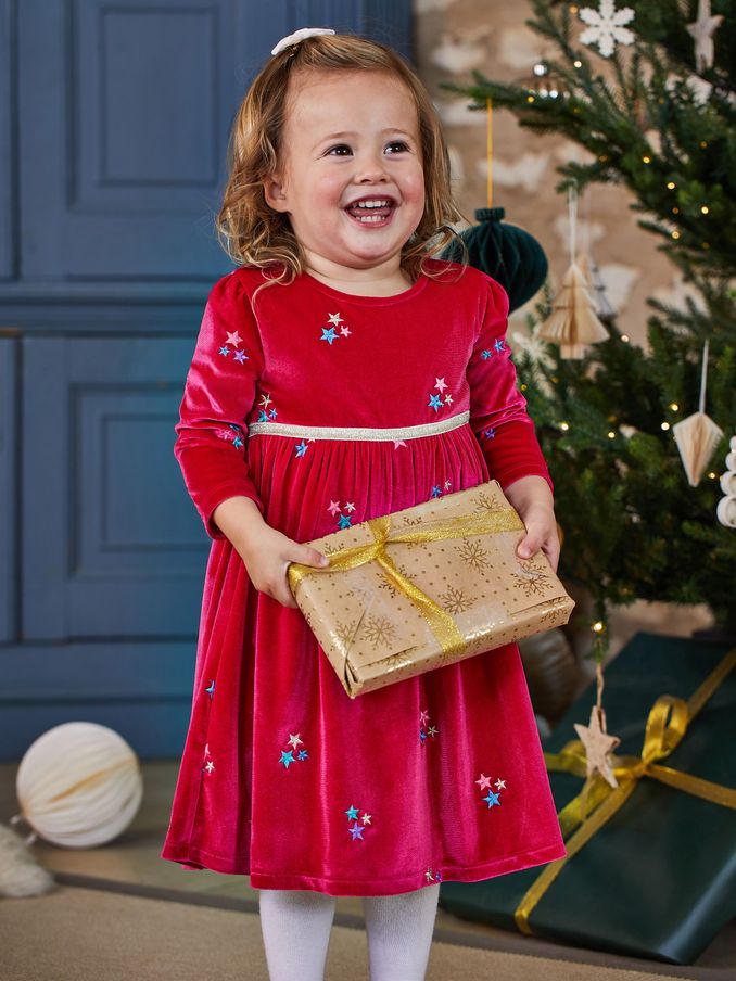 Fuchsia - Star Embroidered Velour Party Dress