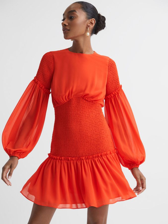 Florere Round Neck Shirred Mini Dress in Bright Orange (U74887) | £59