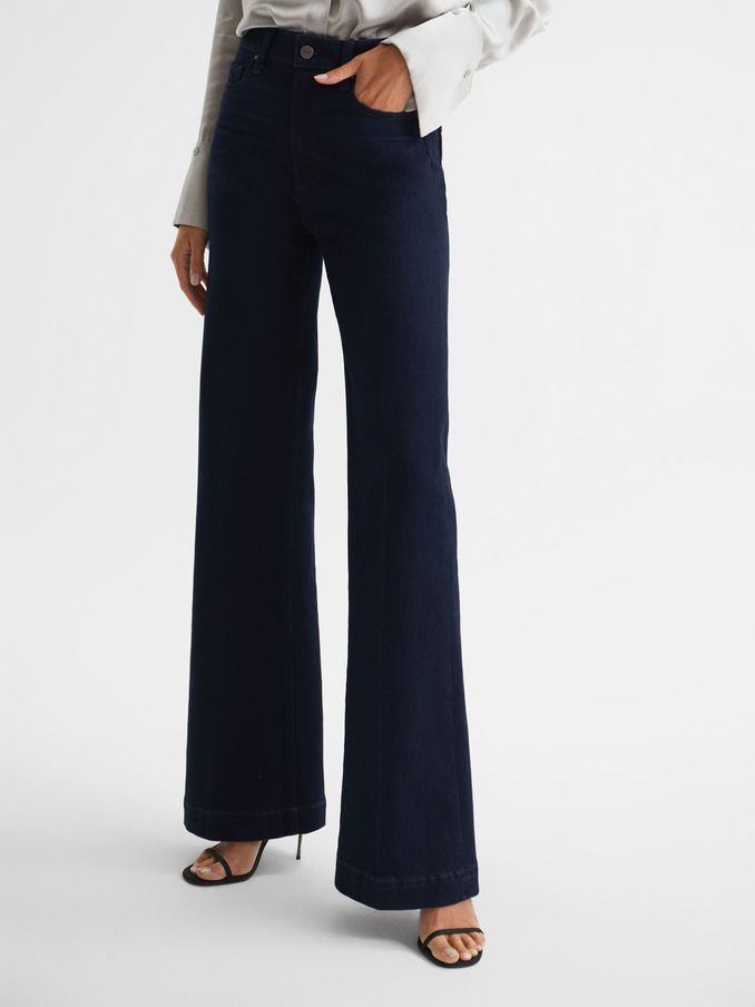Paige High Rise Flared Jeans in Dark Indigo