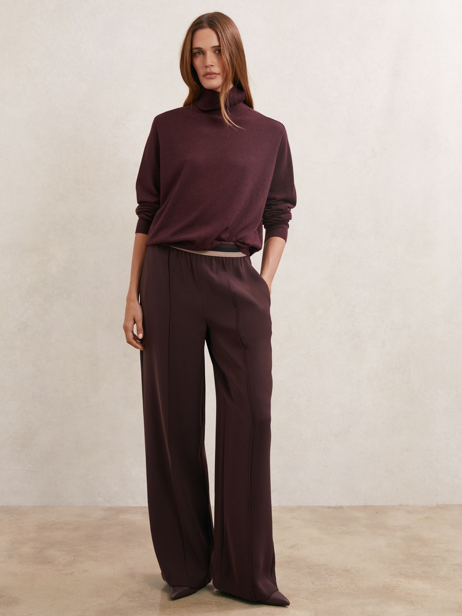 Elasticated-Waist Wide-Leg Trousers in Burgundy (V00003) | £150