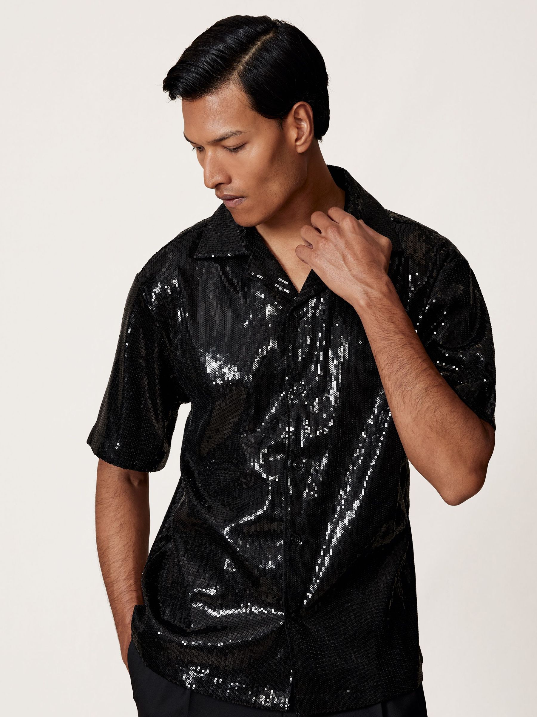 Sequin Cuban-Collar Shirt in Black (V00010) | £118