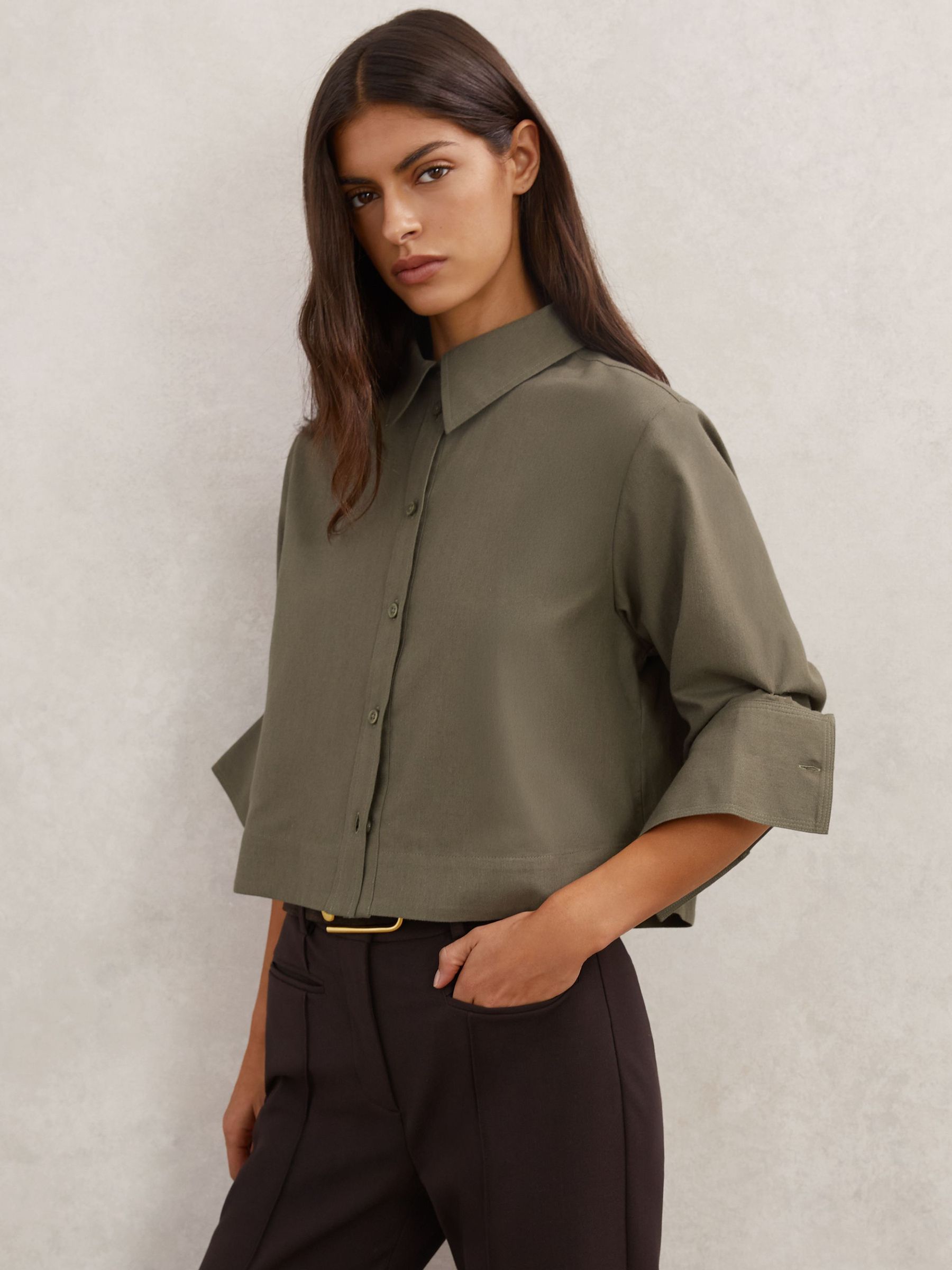 Cotton and Wool Cropped Shirt in Khaki Green (V00016) | £98