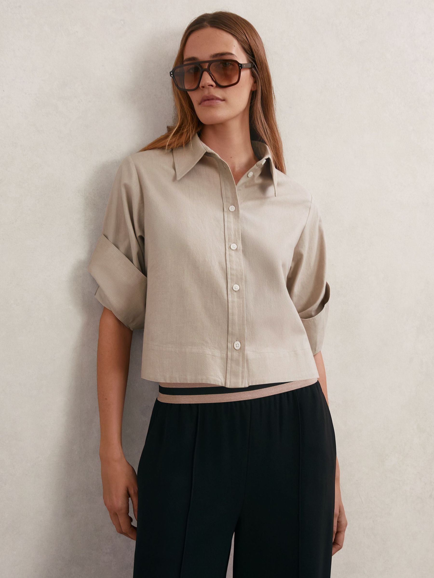 Cotton and Wool Cropped Shirt in Neutral (V00018) | £98