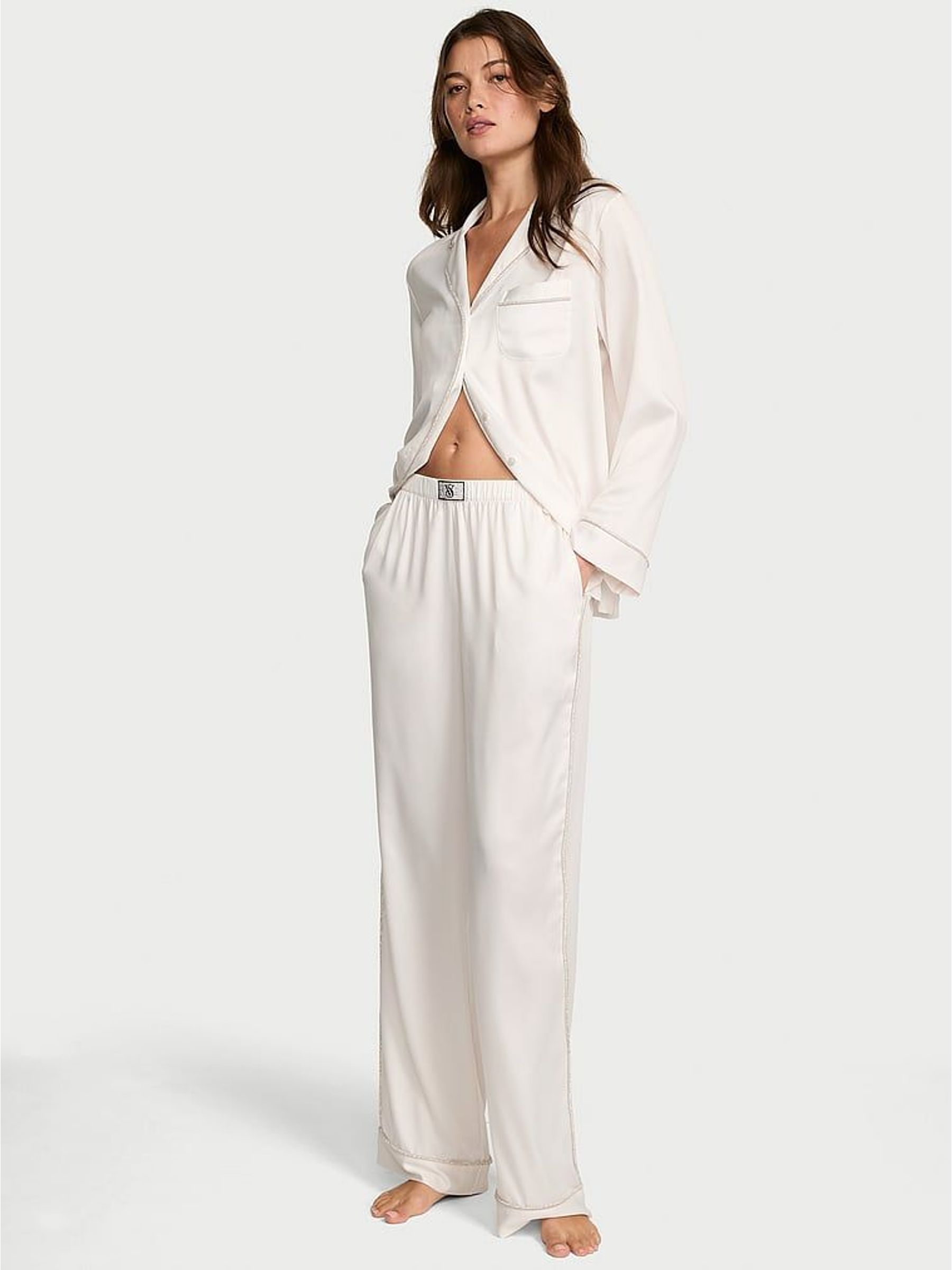 Coconut White Diamanté Trim Satin Shine Long Pyjamas Set (V01395) | £105