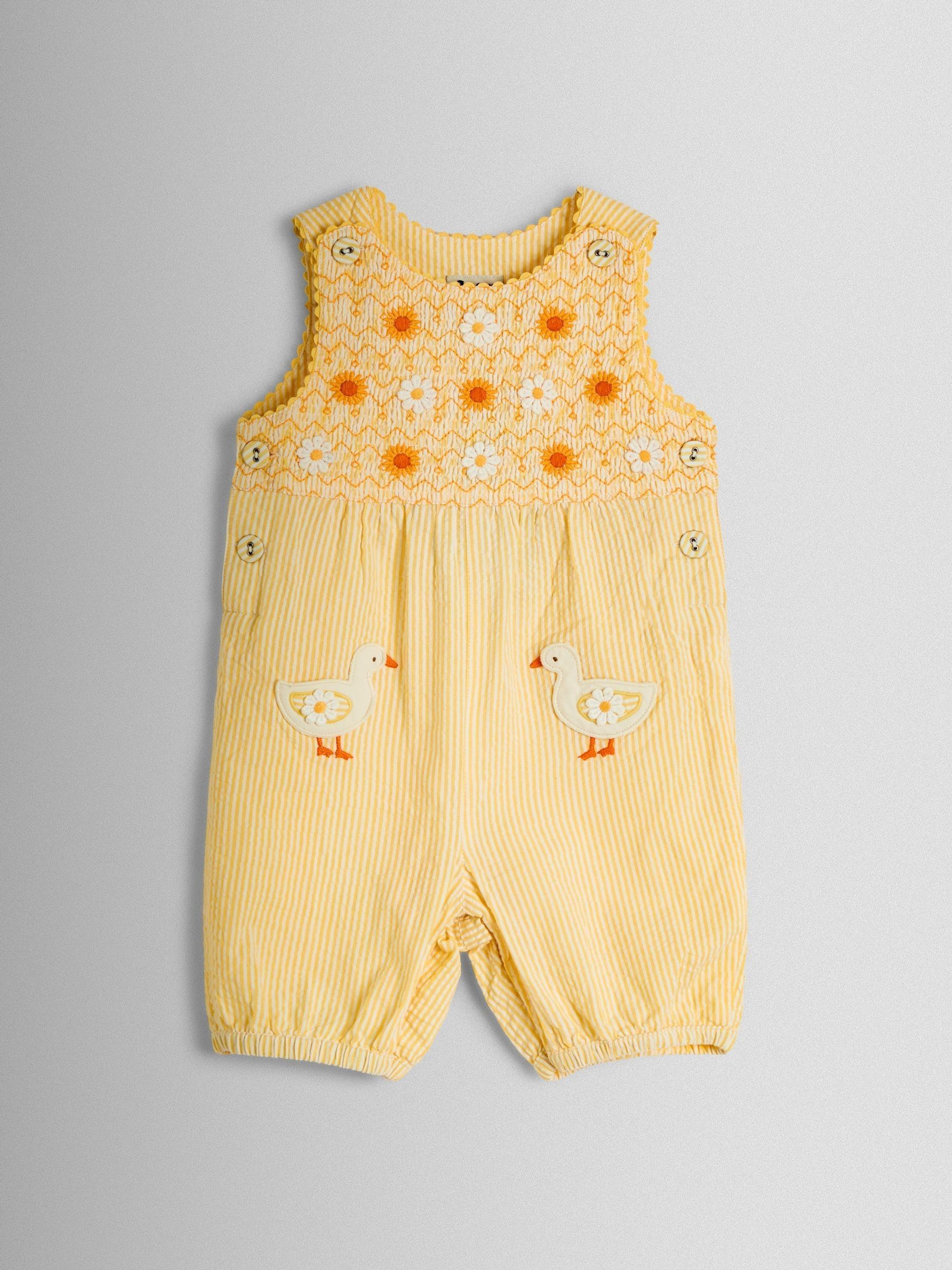 Yellow Duck Appliqué Pocket Smocked Dungarees (V02456) | £25 - £26