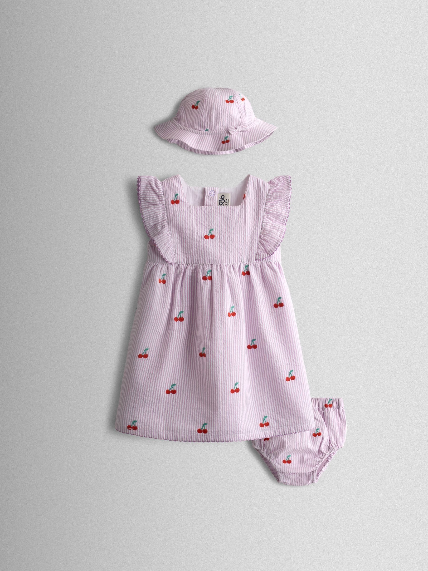 Lilac Purple Strawberry Embroidered Stripe Dress & Hat Set (V02464) | £32 - £34