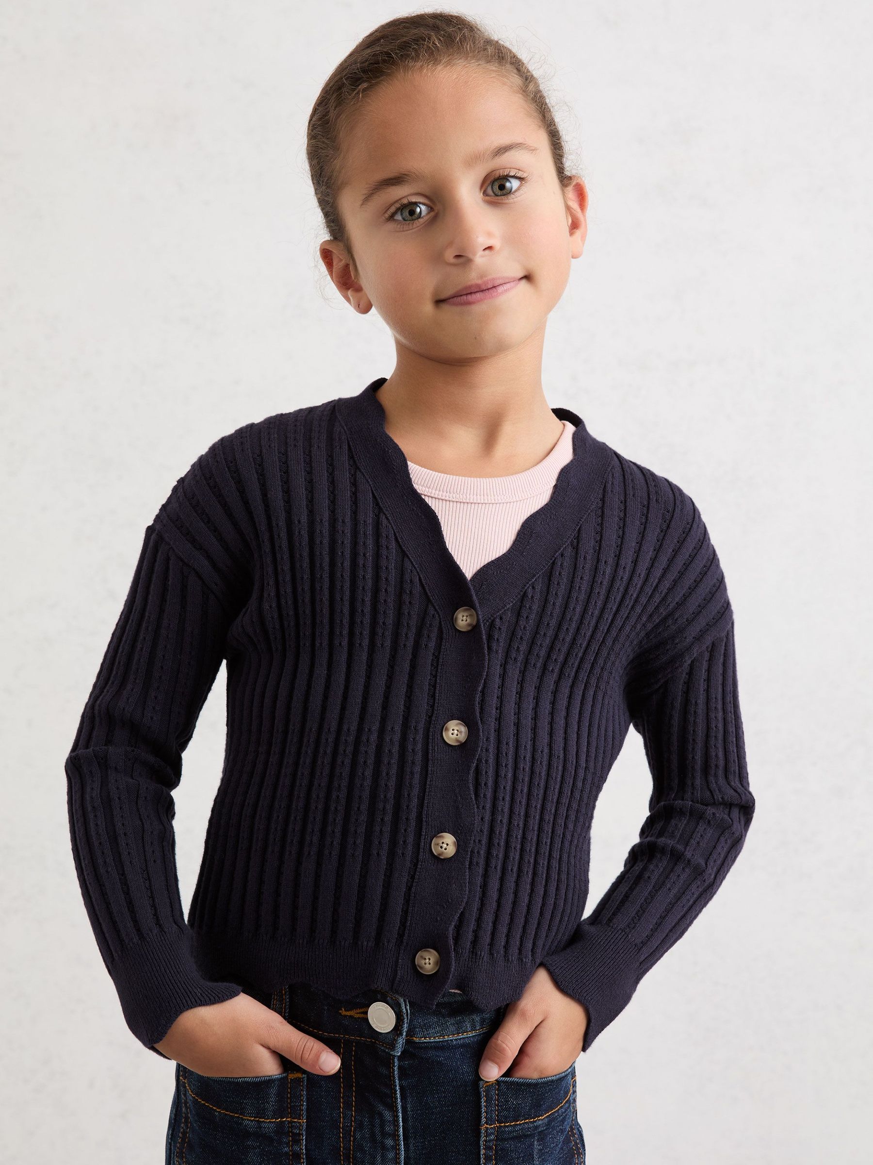 3-9 yrs Rib-Knit Pointelle Cardigan in Navy (V02732) | £42