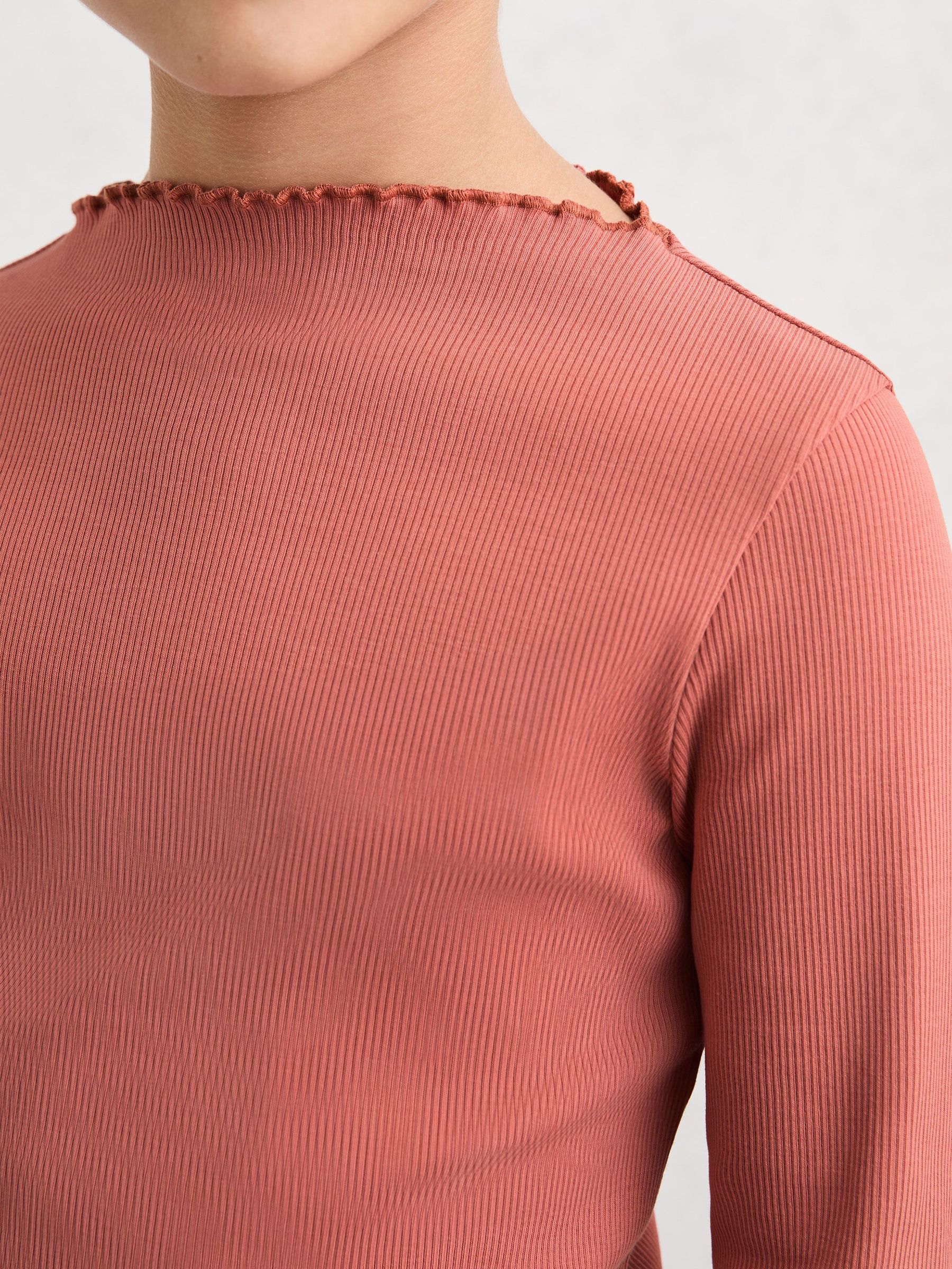 9-13 yrs Stretch-Cotton Lettuce-Trim Ribbed Top in Rose (V02740) | £20