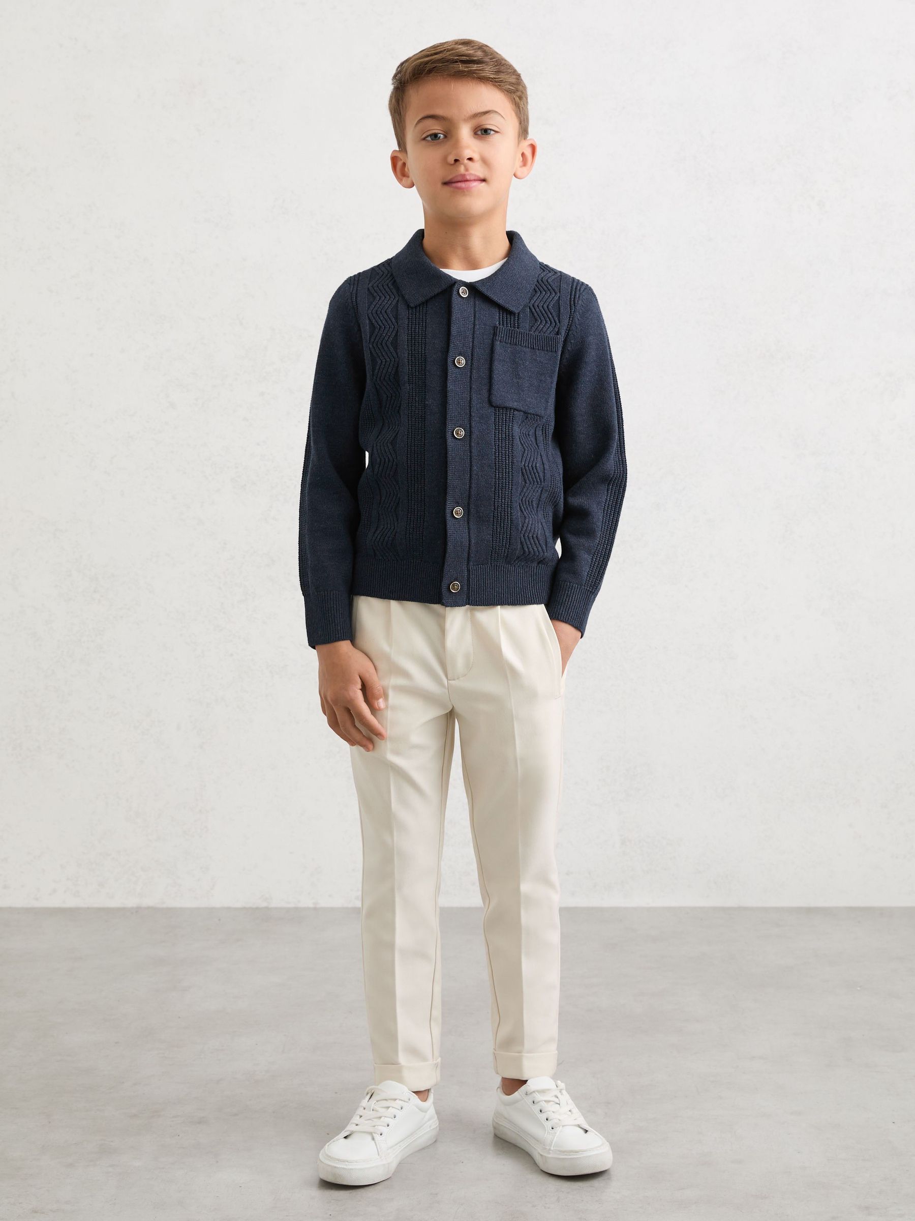 Stitch-Detail Polo-Collar Cardigan Cotton-Blend in Navy (V04066) | £44