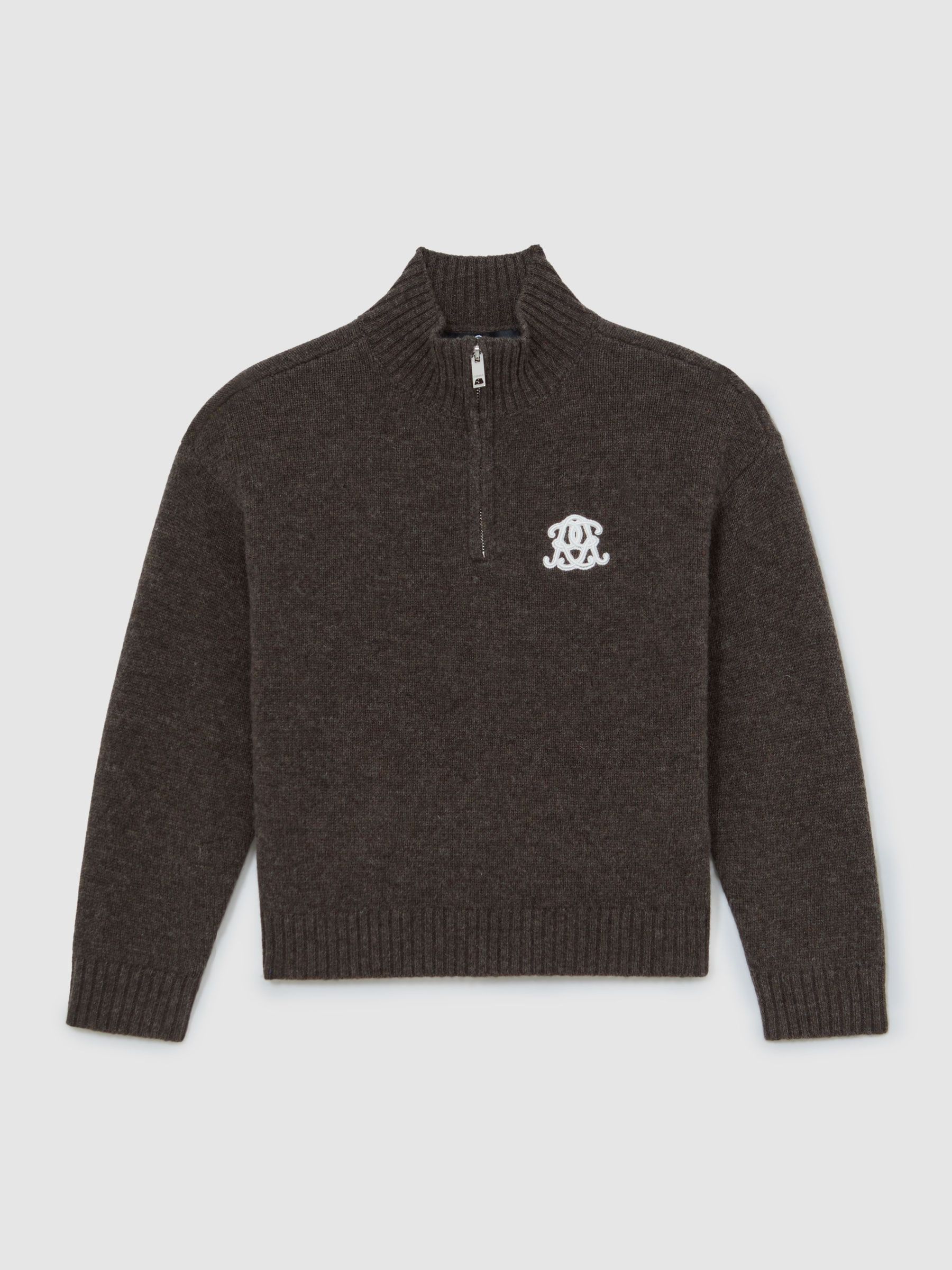 13-14 yrs Monogram Relaxed Half-Zip Jumper Wool-Blend Unisex Fit in Chocolate Brown (V04071) | £50