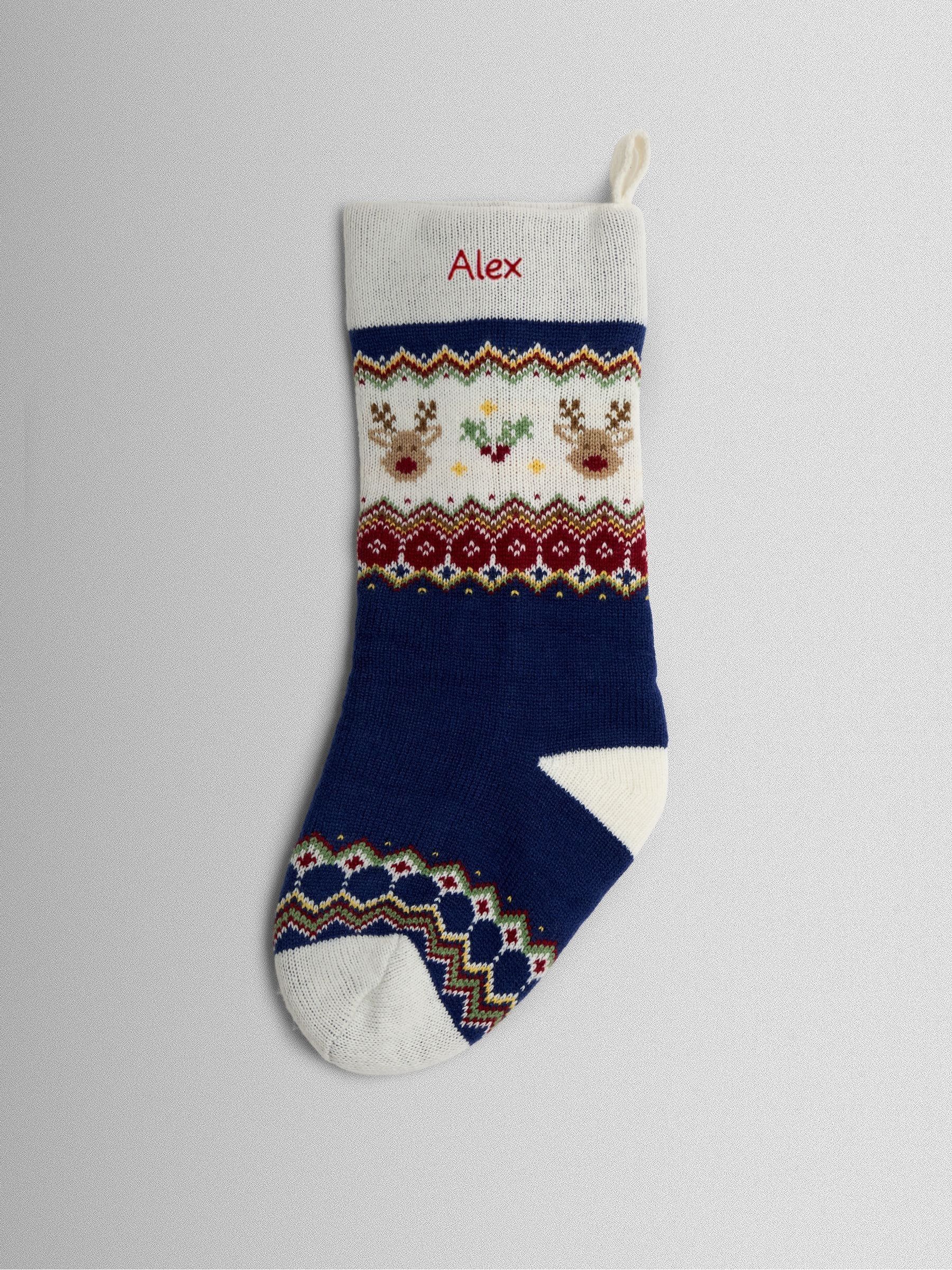 Personalised Blue Reindeer Knitted Stocking (V04328) | £24