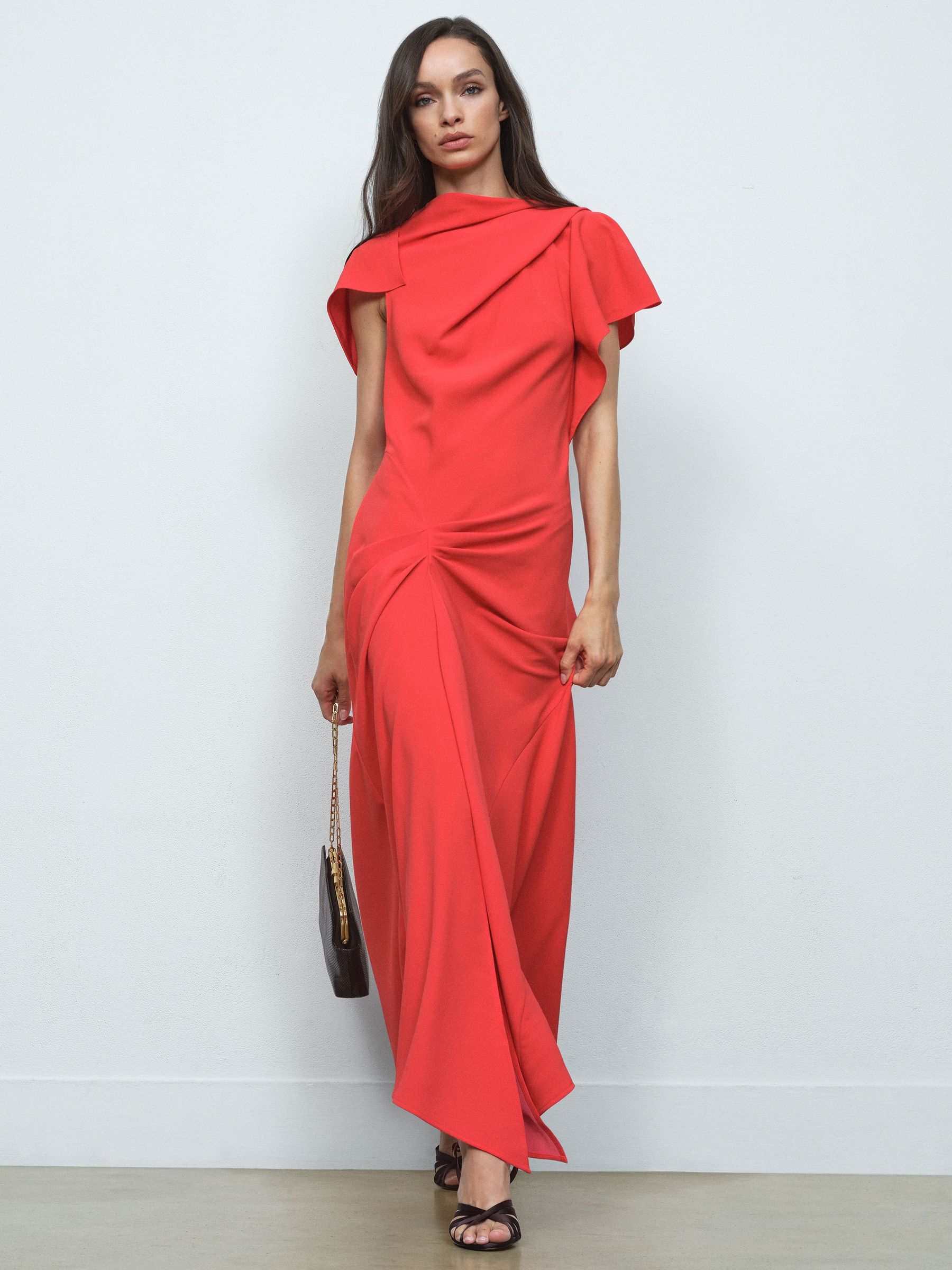 Asymmetric Draped Midi Dress in Orange (V06385) | £198