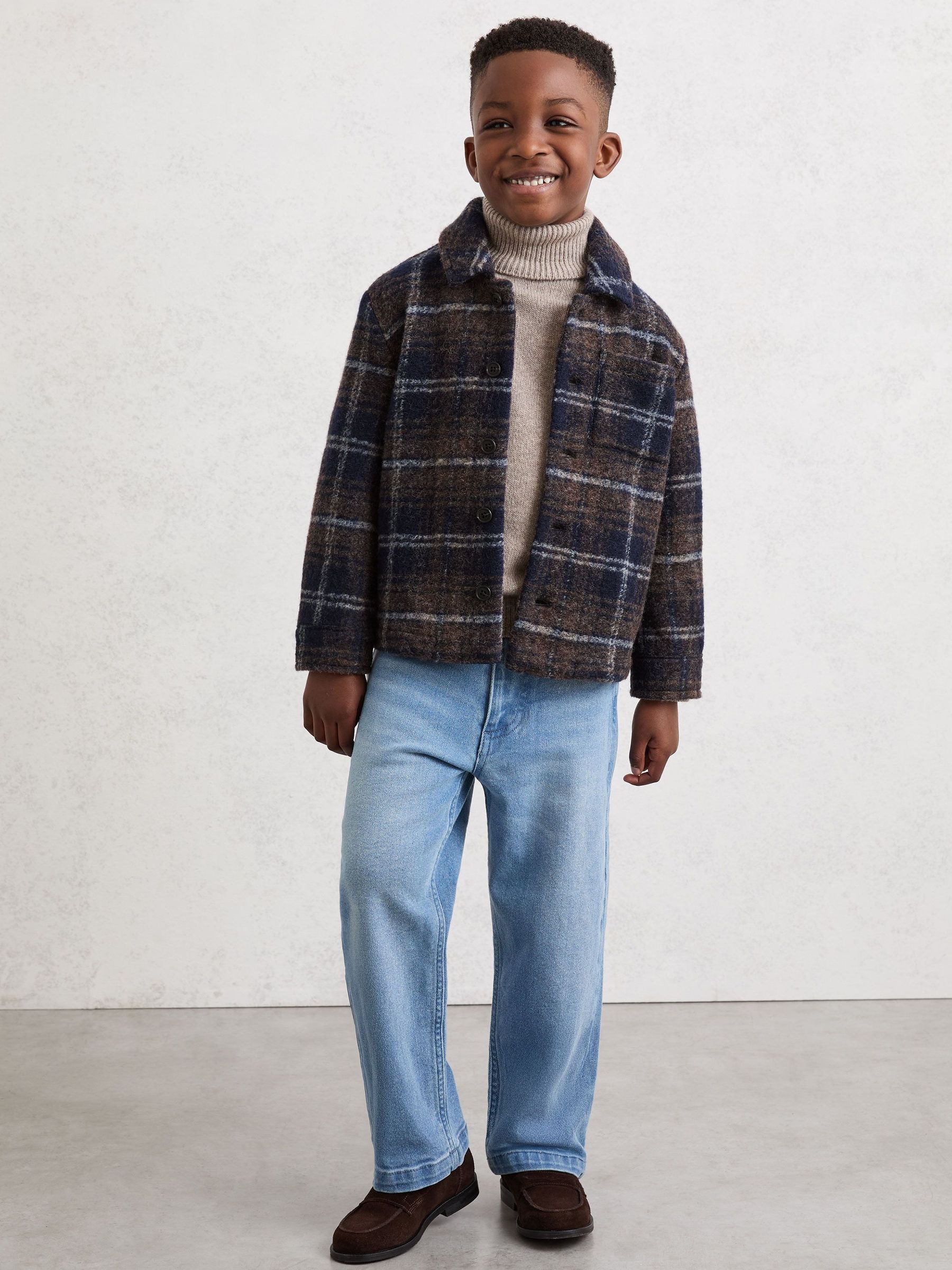 3-9 yrs Button-Through Check Overshirt with Wool in Navy/Blue/Brown (V09374) | £52