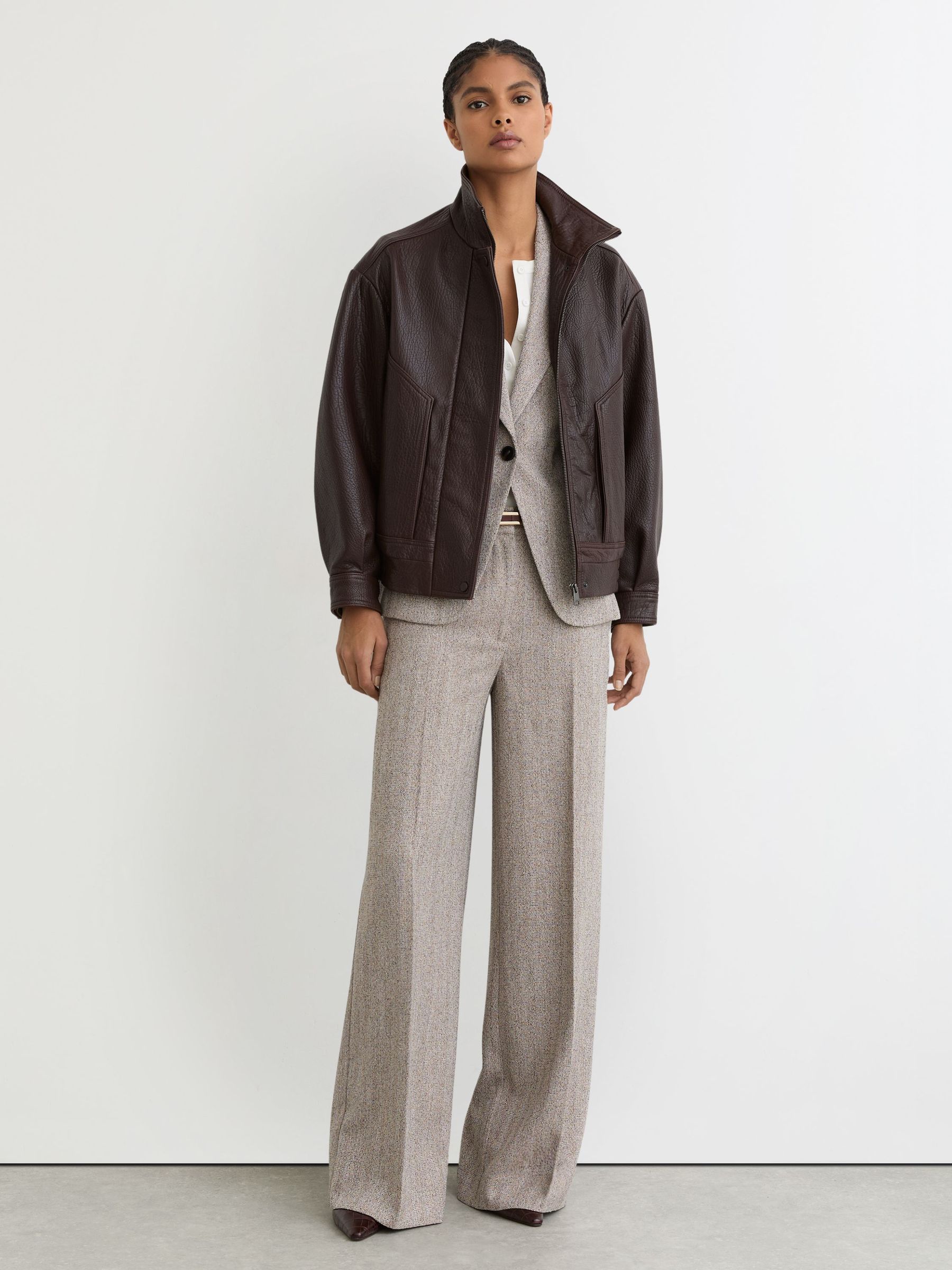 Wide-Leg Textured Tailored Trousers in Grey (V09378) | £160