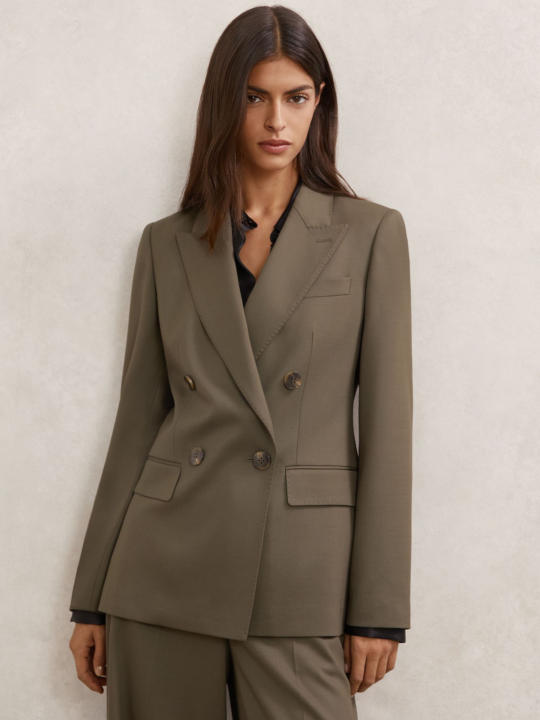 Petite Wool-Blend Double-Breasted Suit Blazer in Green (V09388) | £270