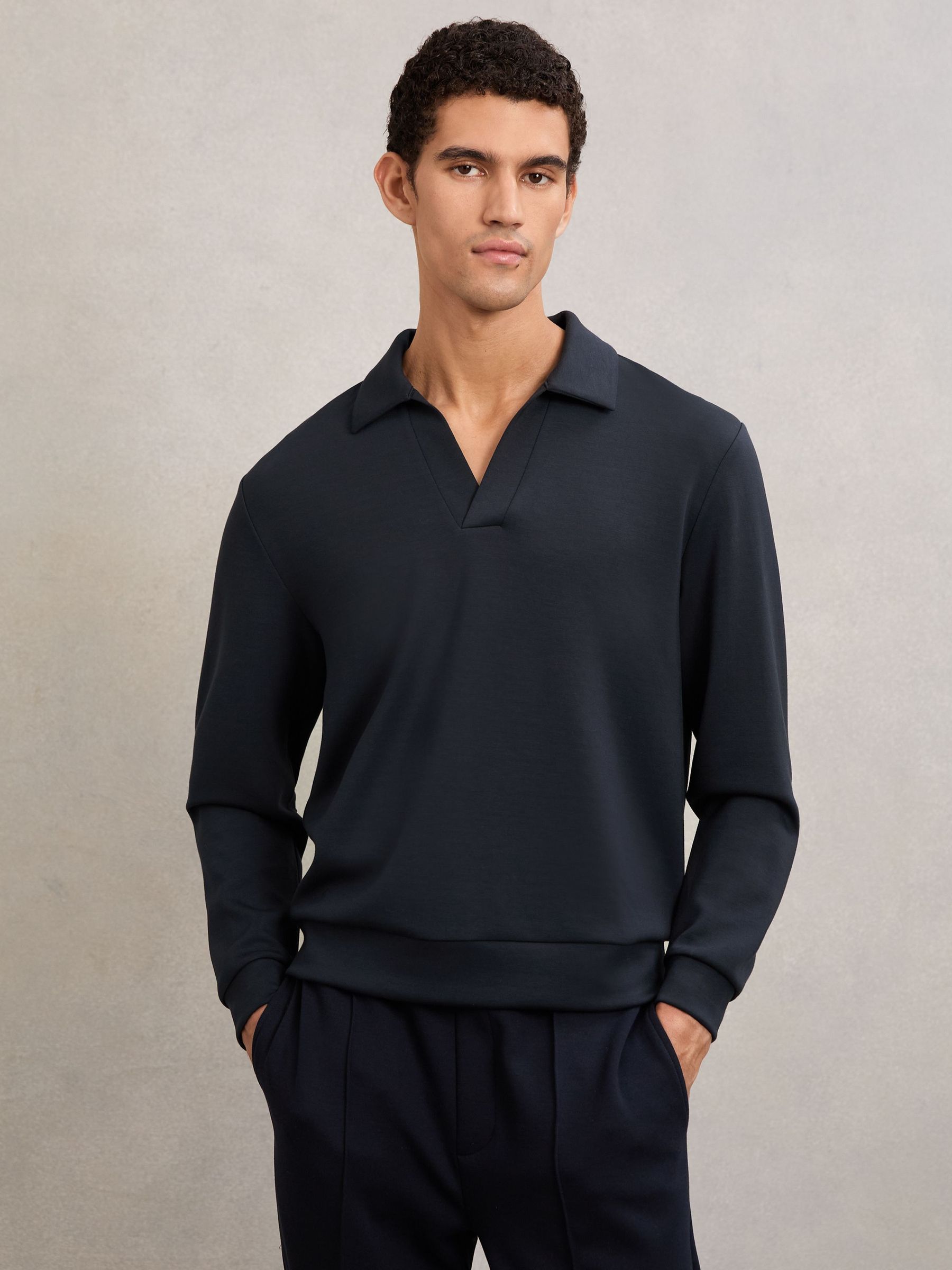 Premium Interlock Open-Collar Polo Sweatshirt in Navy Blue (V09415) | £98