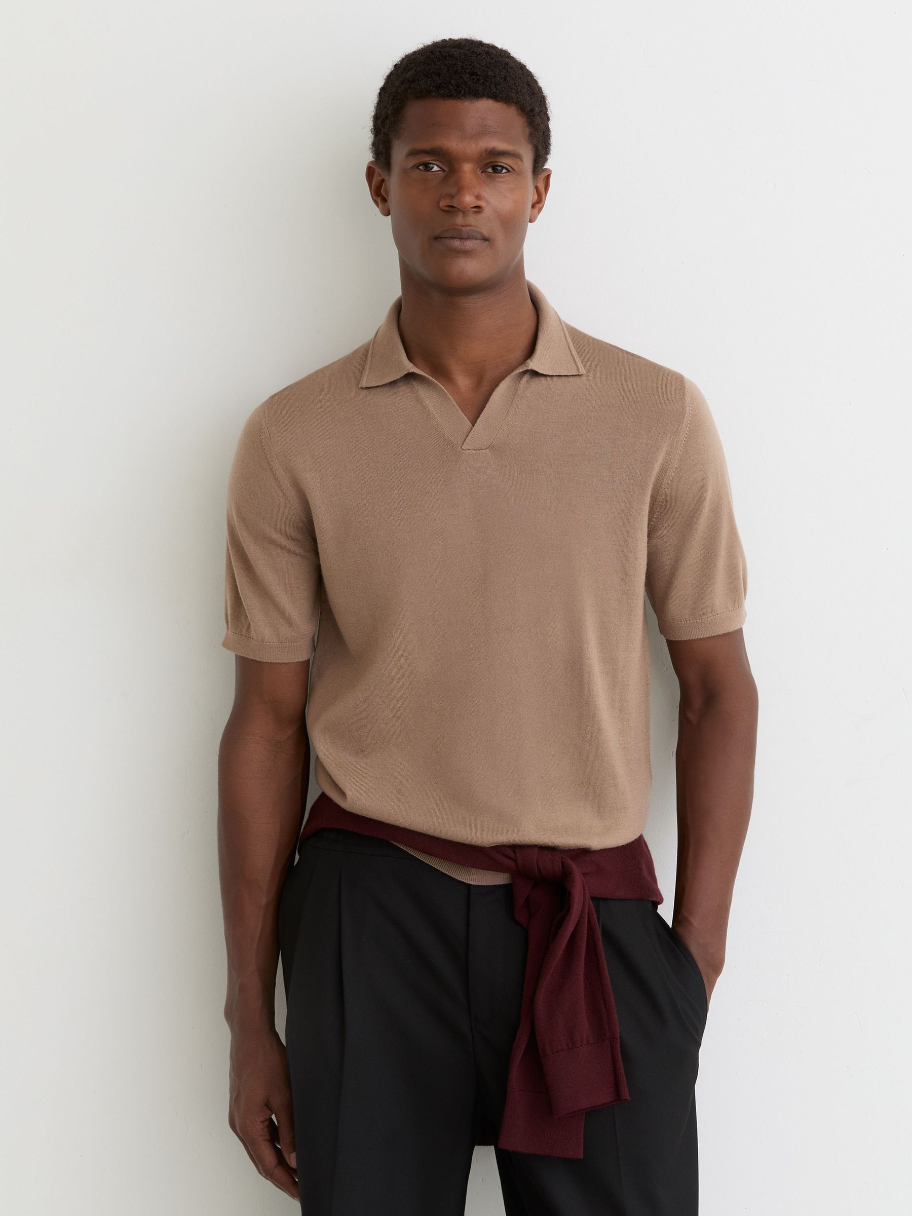 Merino Wool Open-Collar Polo Shirt in Camel Brown (V12214) | £88