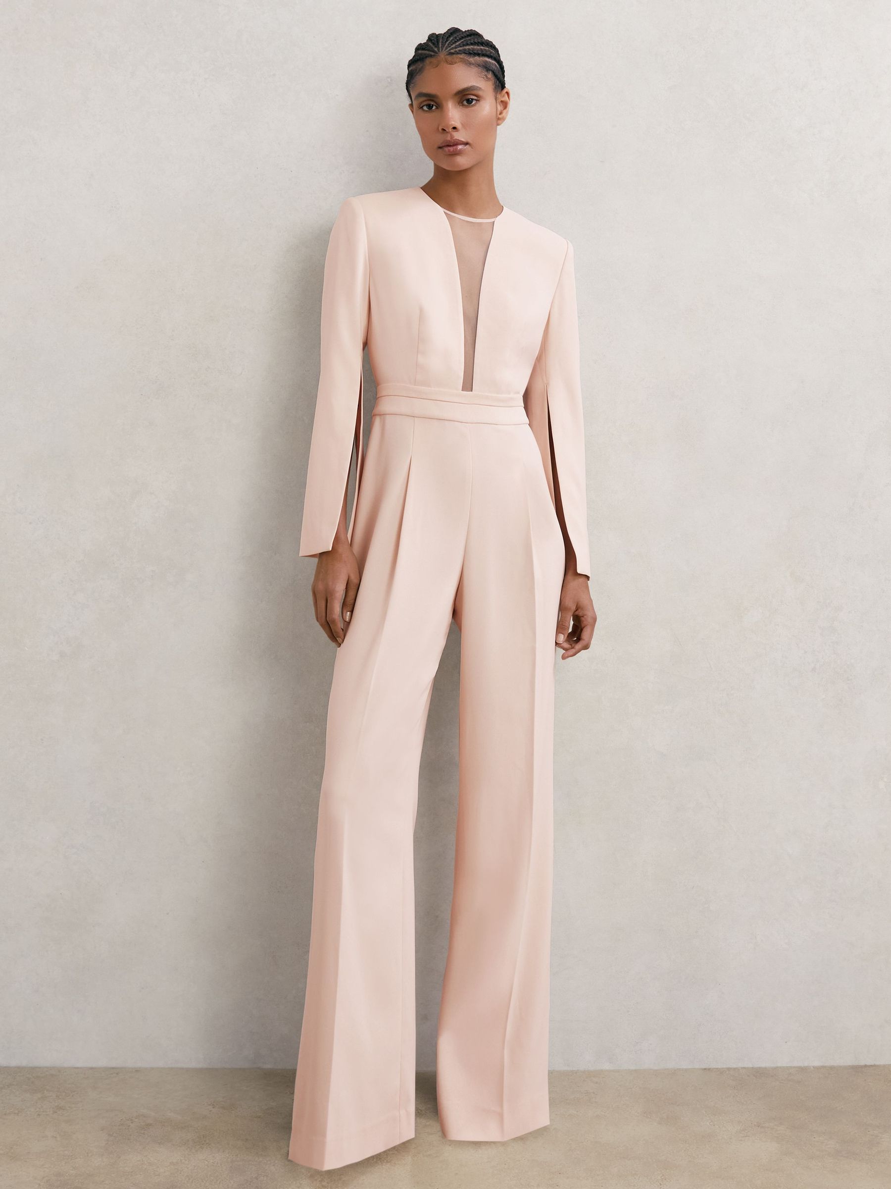 Plunge-Neck Split-Sleeve Jumpsuit in Pale Pink (V12842) | £258