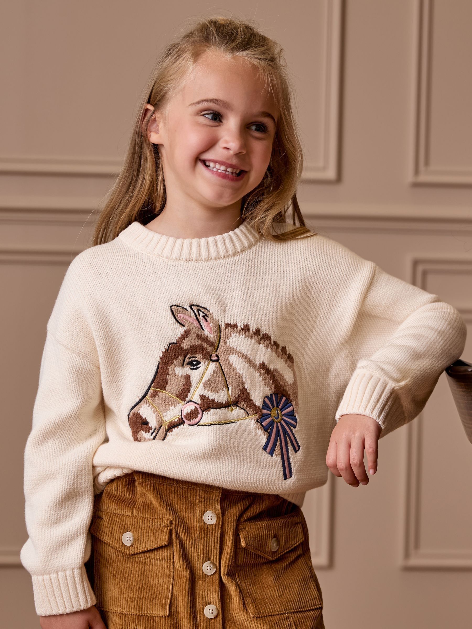 Girls' Cream Horse Knitted Jumper (V14933) | £28 - £31