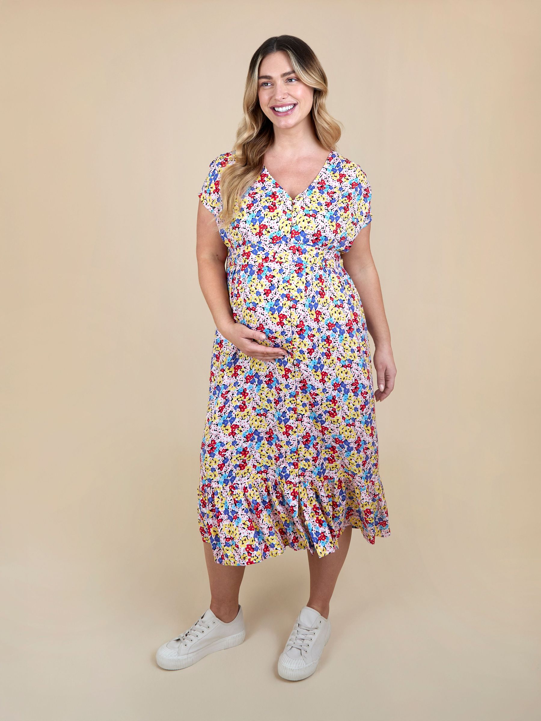 Multi Coloured Floral Puff Sleeve Button Through Tie Waist Maternity Tea Dress (V15531) | £49.50