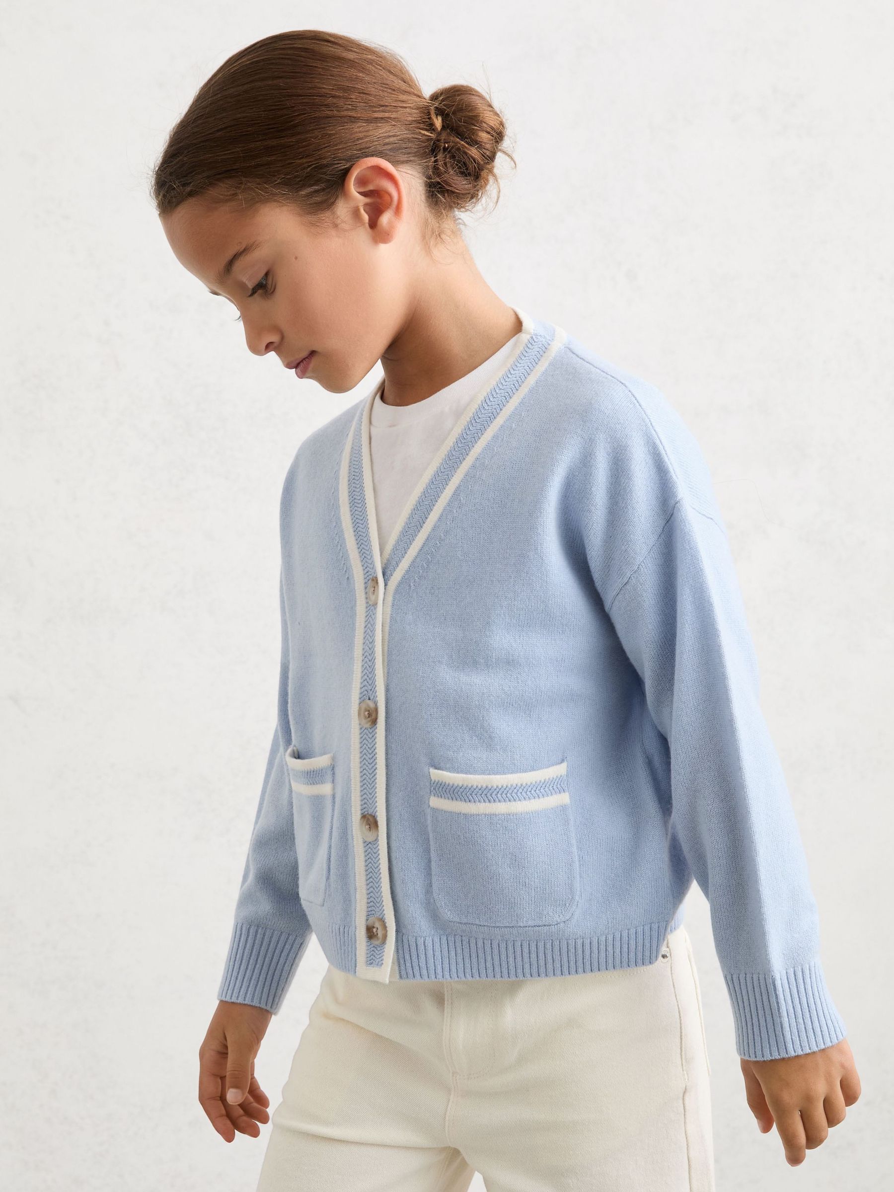 9-13 yrs Wool-Blend Tipped Cardigan with Cashmere in Pale Blue (V15998) | £44