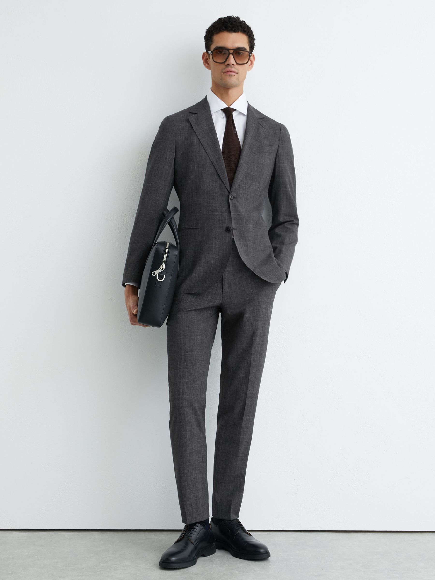 Wool-Blend Single-Breasted Check Blazer Tailored-Fit in Charcoal Grey (V16021) | £278