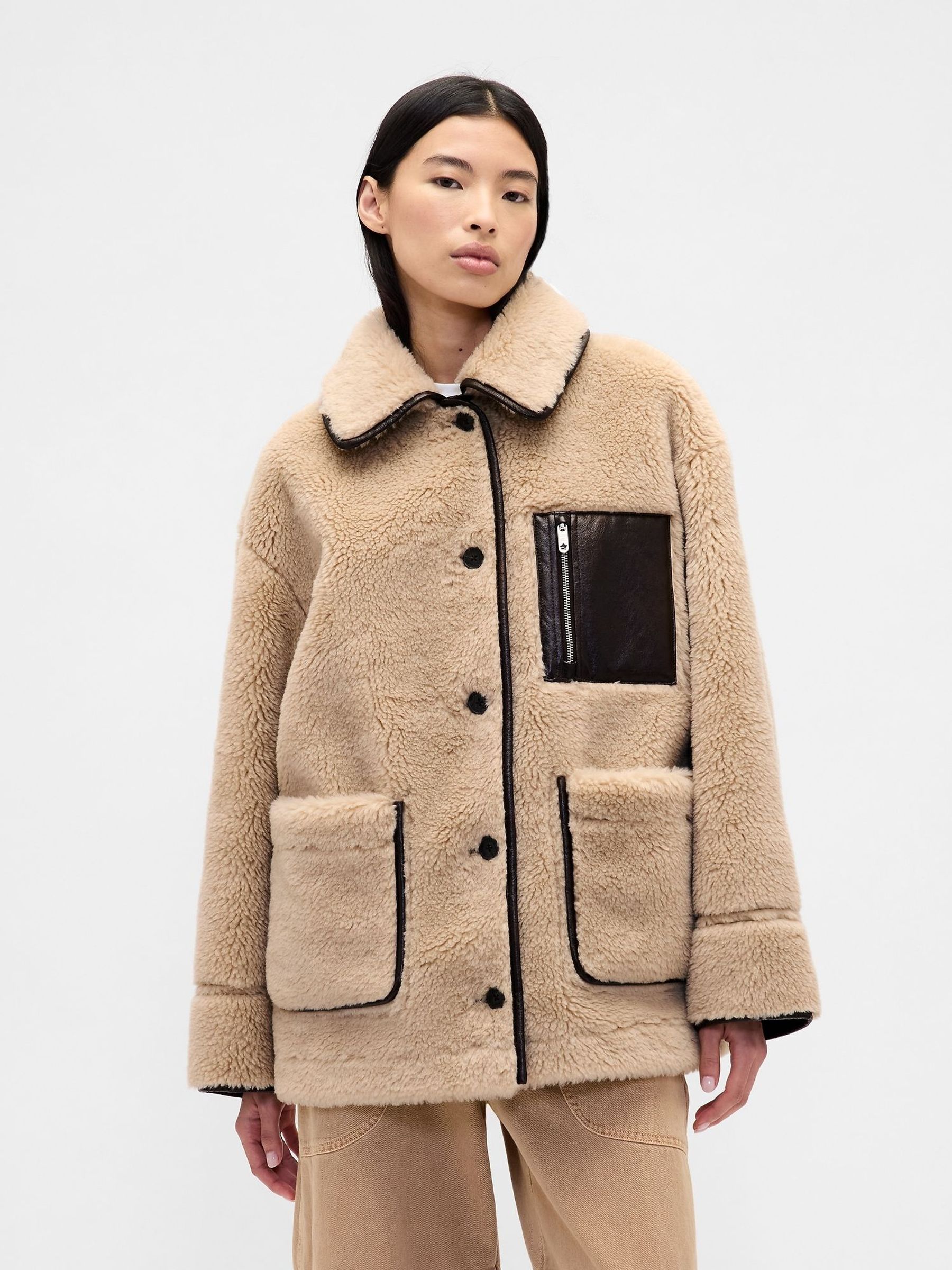 Light Brown Sandy Liang Reversible Vegan Leather Sherpa Jacket (V18635) | £220