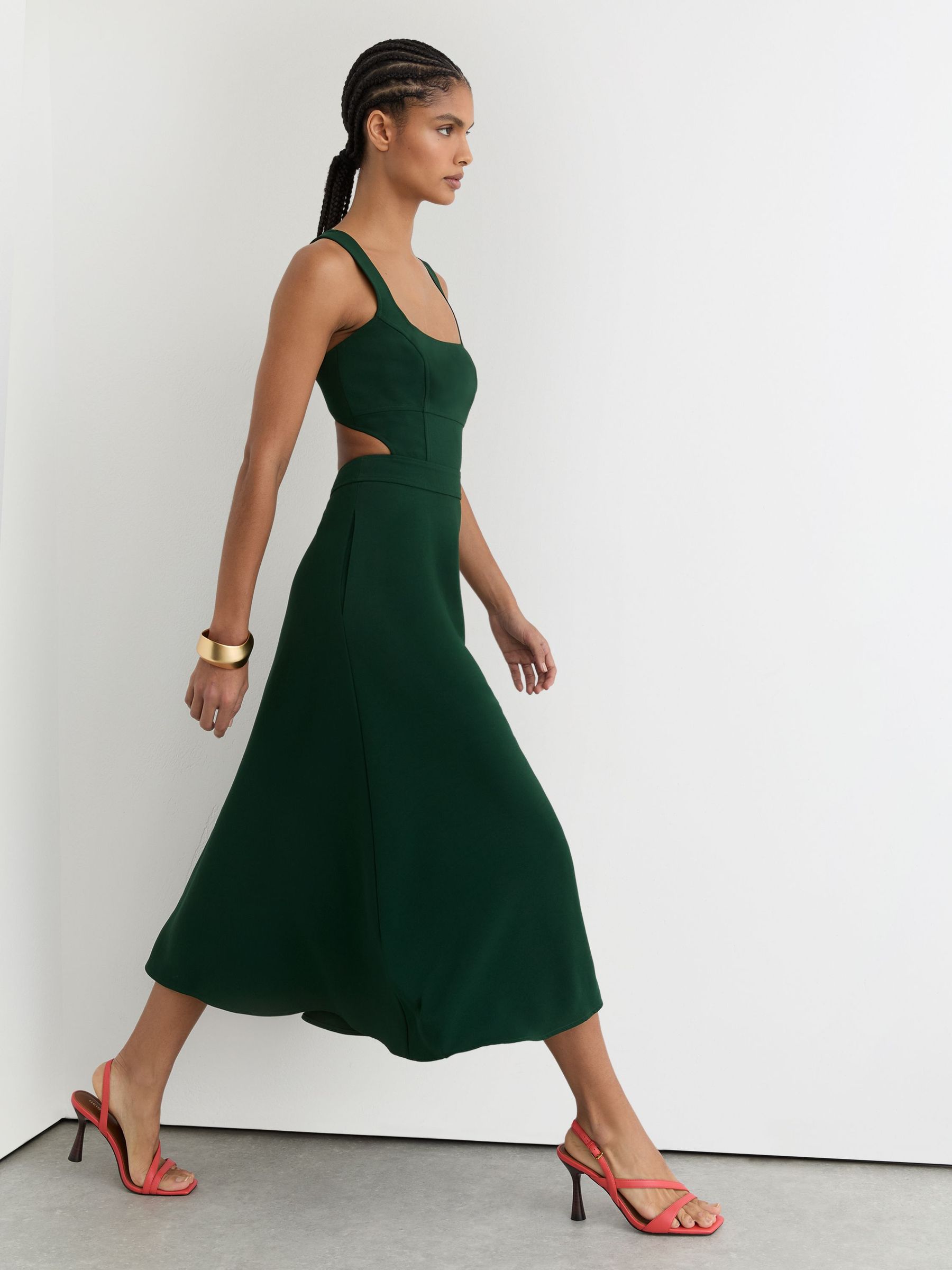 Waisted Cut-Out Twill Midi Dress in Green (V20349) | £240
