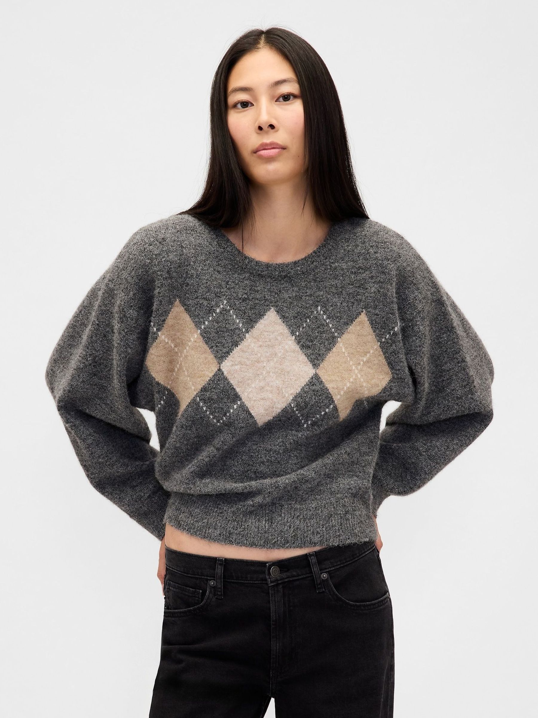 Grey Fuzzy Argyle Crop Jumper (V20521) | £45