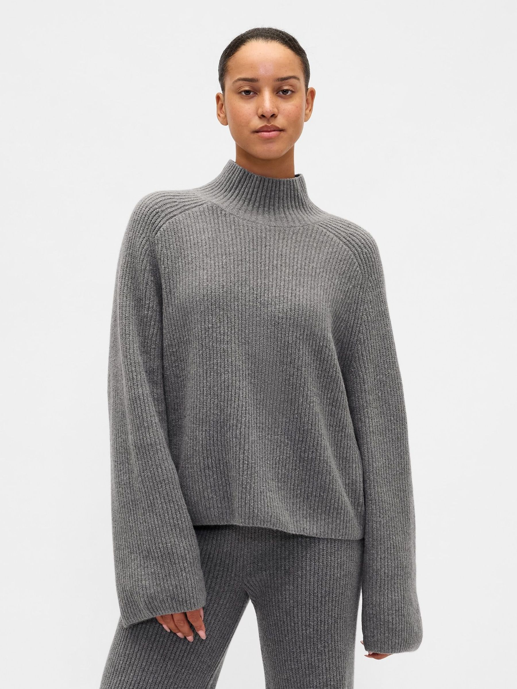 Grey CashSoft Shaker-Stitch Turtle Neck Jumper (V20591) | £45