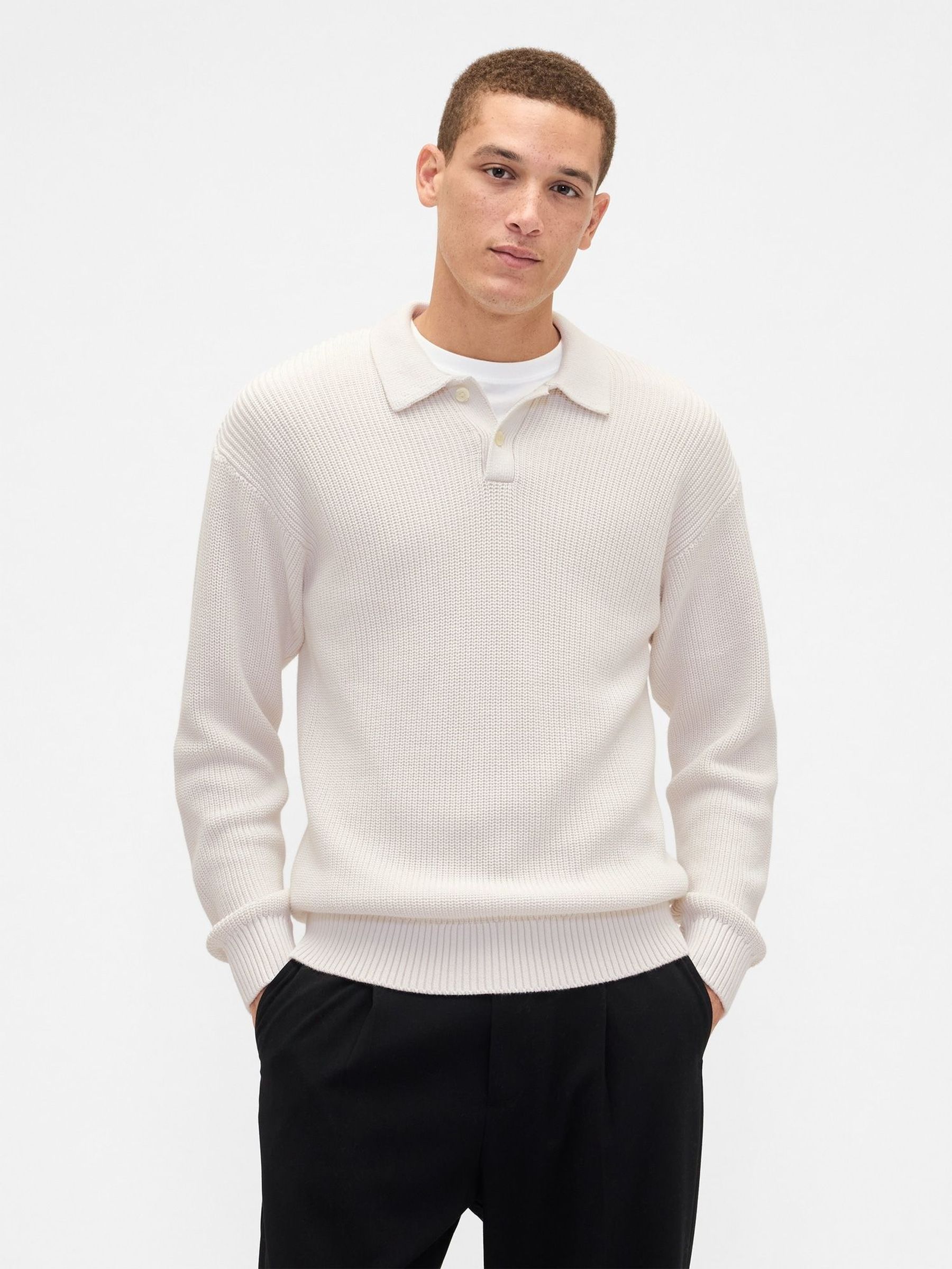 Cream Relaxed Ribbed Jumper Polo Shirt (V20628) | £45