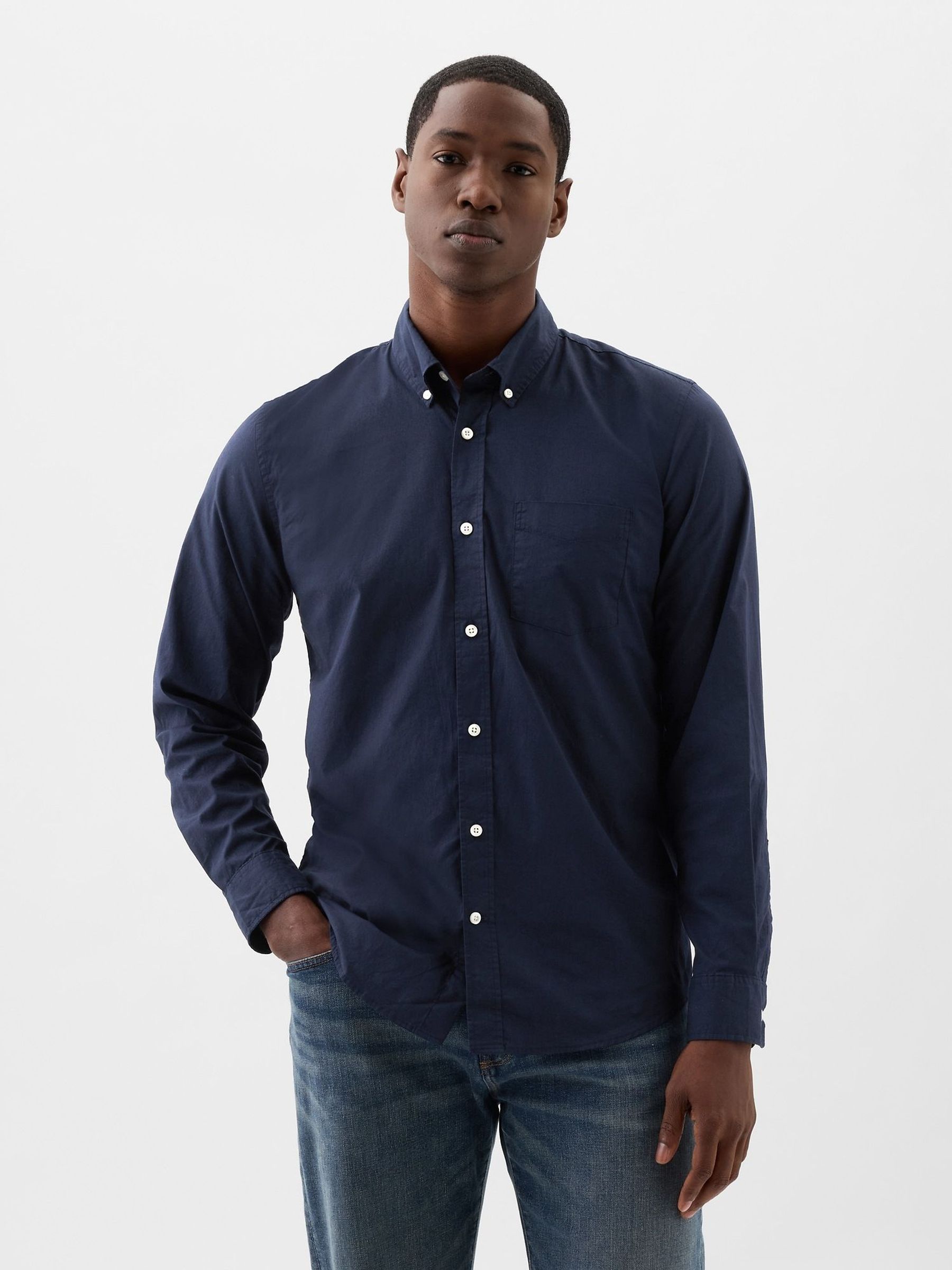 Navy Blue Stretch Poplin Shirt in Standard Fit (V20635) | £40