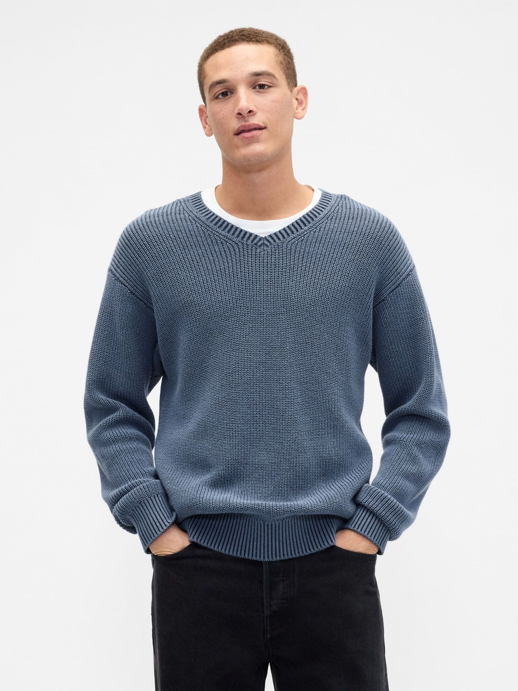 Blue Relaxed Ribbed V-Neck Jumper (V20656) | £45