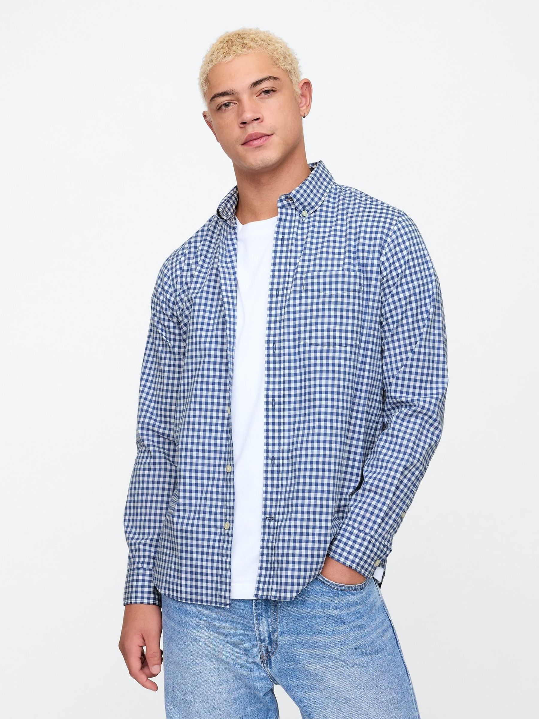 Blue Check Stretch Poplin Shirt in Standard Fit (V20670) | £40