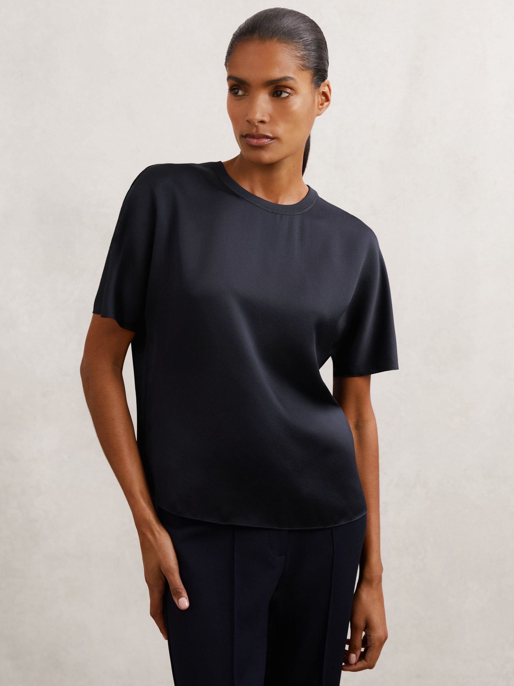 Silk Short-Sleeve Top in Navy (V22405) | £148