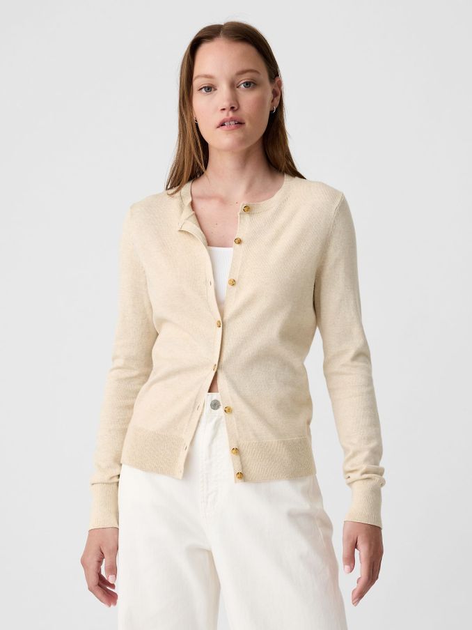 Beige Long Sleeve Crew Neck Cardigan (V23312) | £25