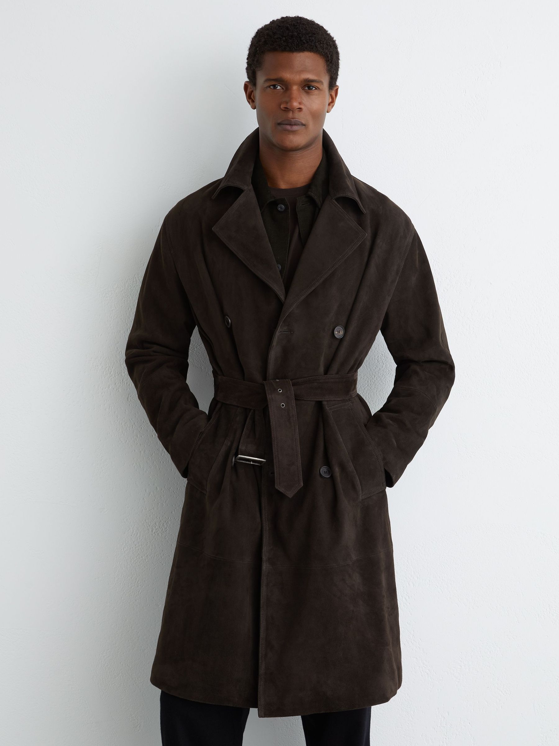 Suede Double-Breasted Trench Coat in Chocolate Brown (V23834) | £1,298