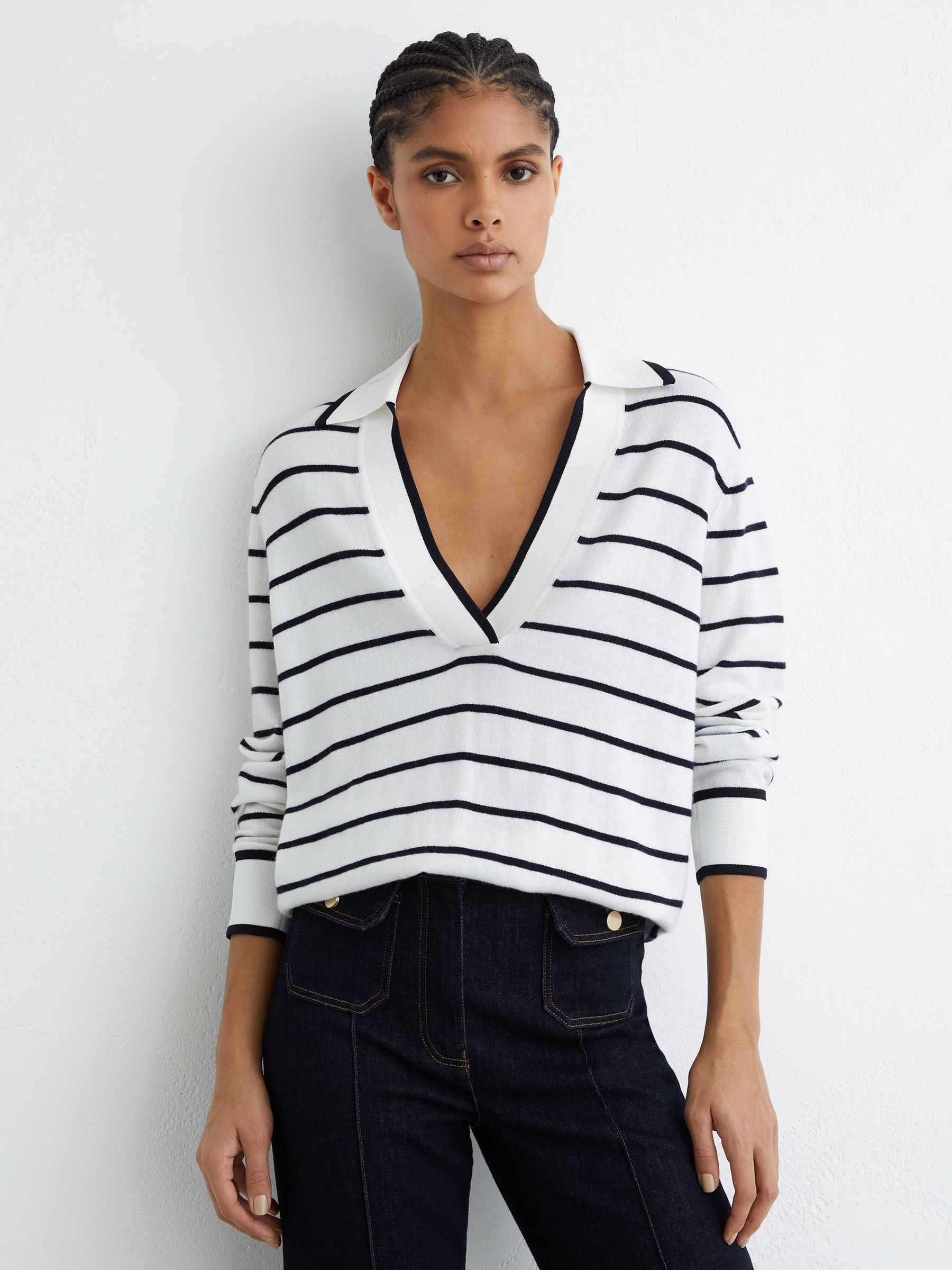Merino Wool-Blend Collar Stripe Jumper with Cashmere in Ivory/Navy (V23835) | £120