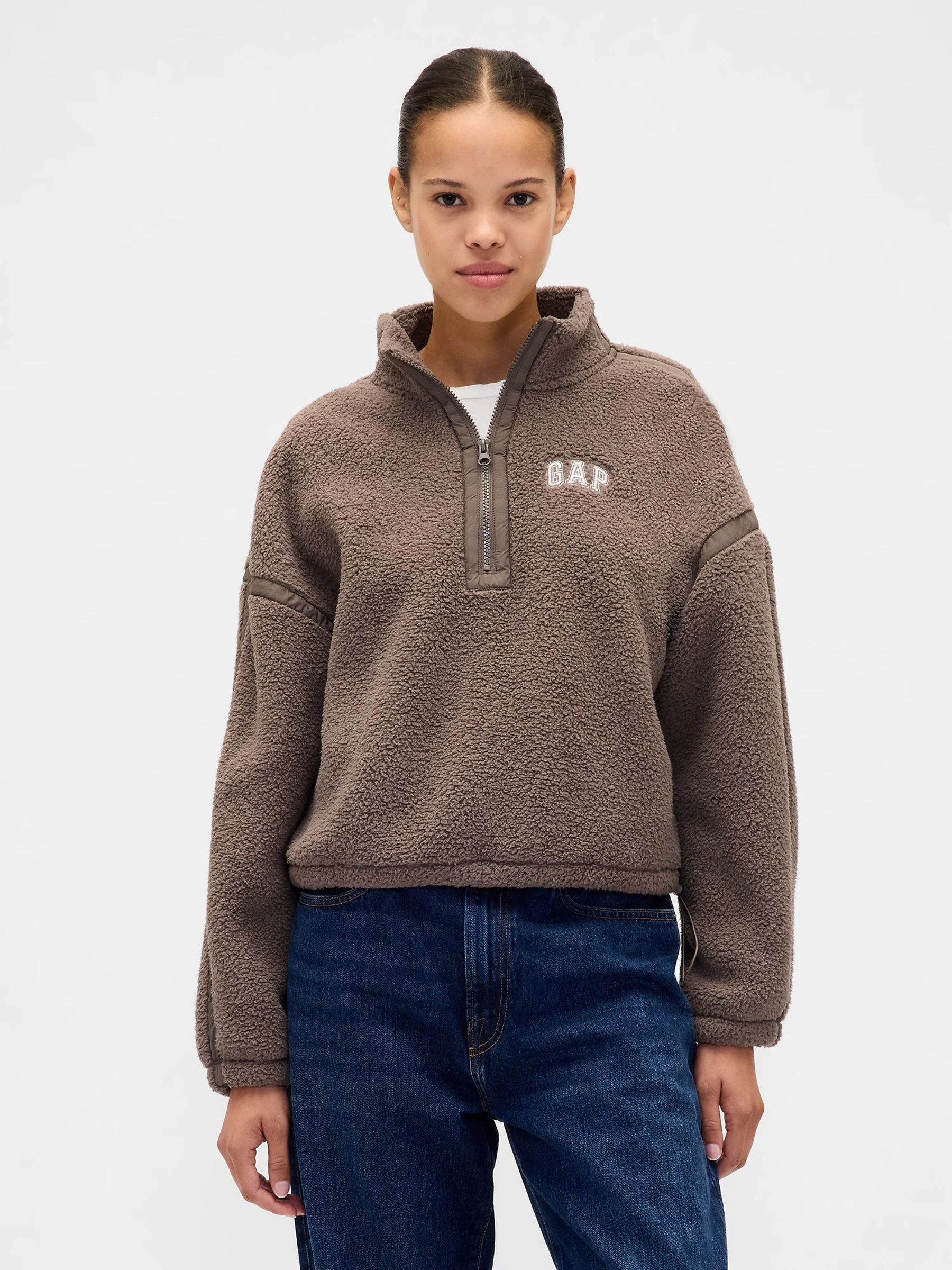 Brown Oversized Cropped Sherpa Half-Zip Fleece (V24994) | £45