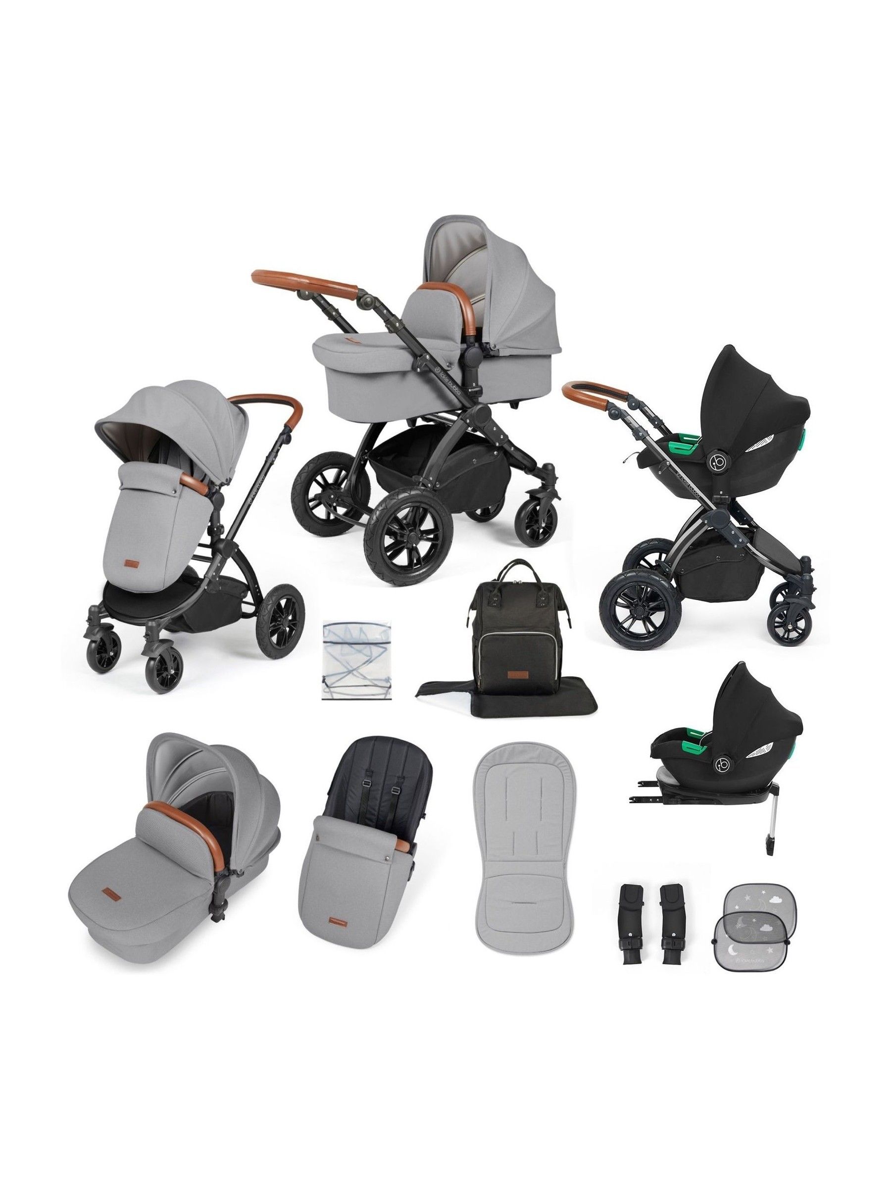 Ickle Bubba 12 Piece Pearl Grey Stomp Luxe Travel System with iSize Cirrus Car Seat (V25515) | £600