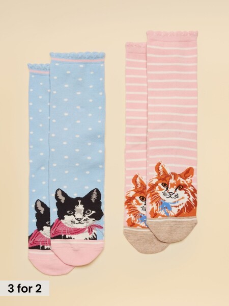 Light Blue & Pink Cats - Cotton Blend Socks 2 Pack (size 4-8)