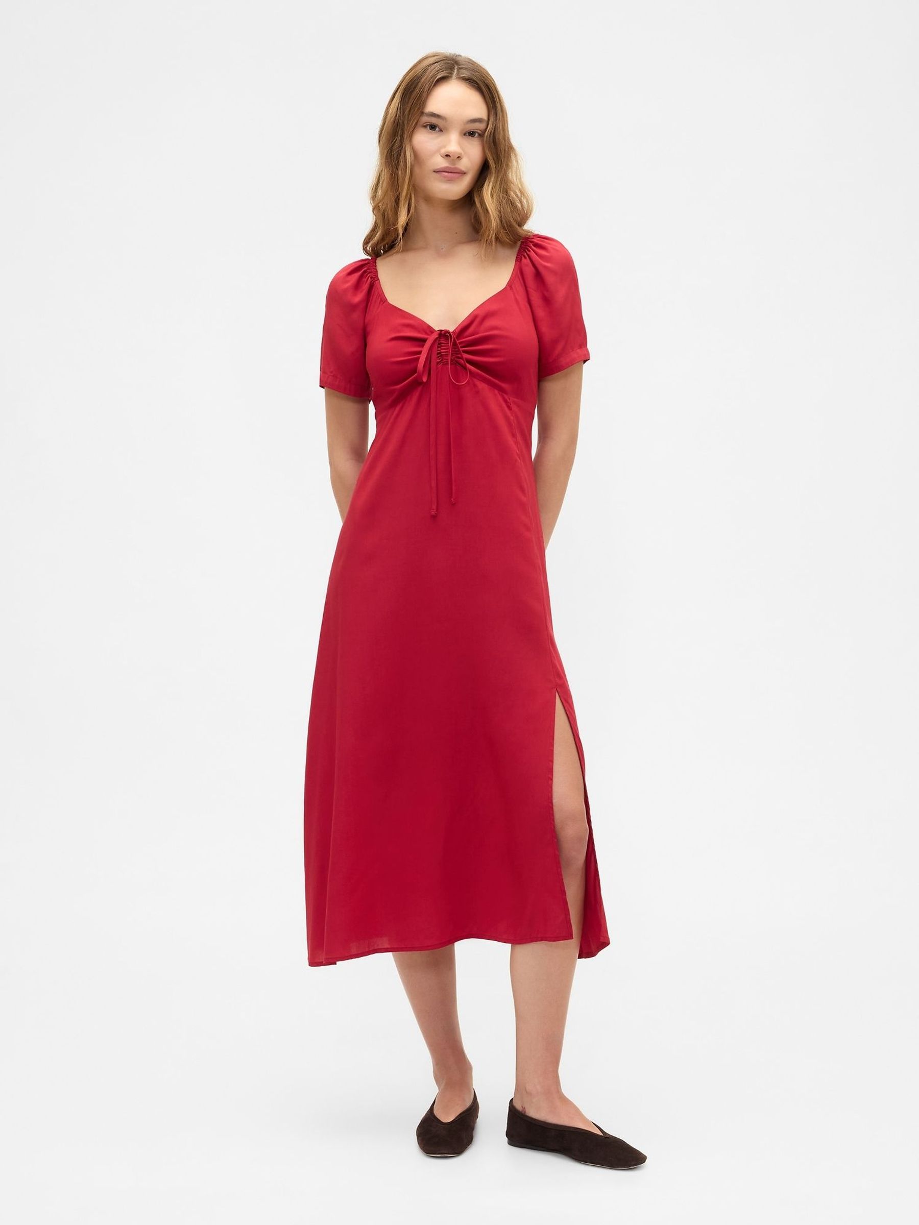 Red Puff Sleeve Midi Dress (V27843) | £50