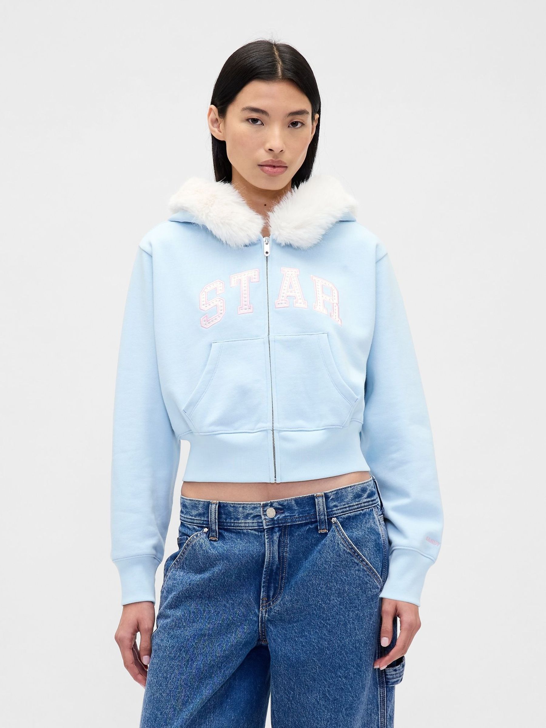 Light Blue Sandy Liang Vegan Fur-Trim Crop Zip Hoodie (V27853) | £100