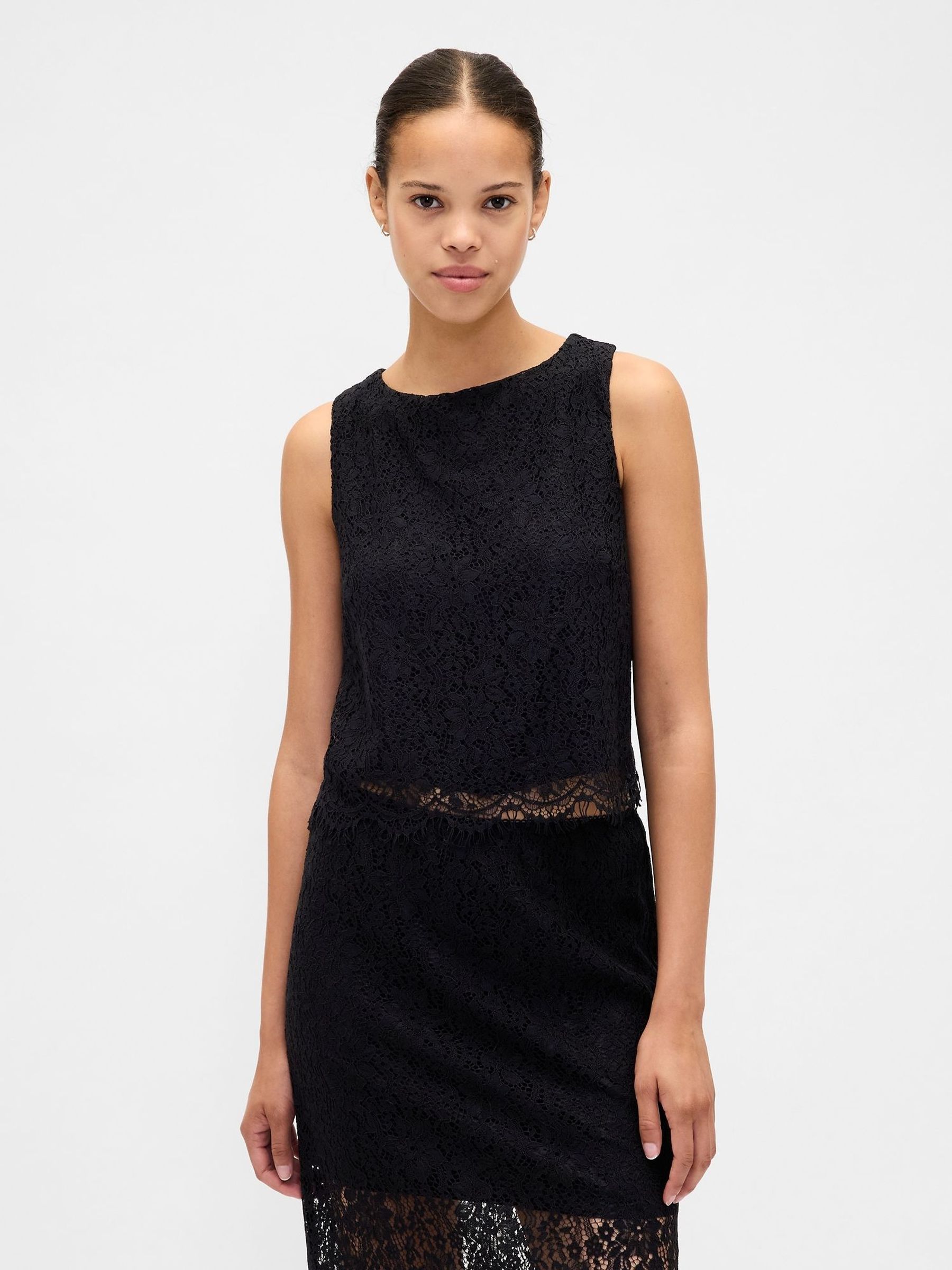 Black Lace Boatneck Crop Shell Top (V27879) | £60