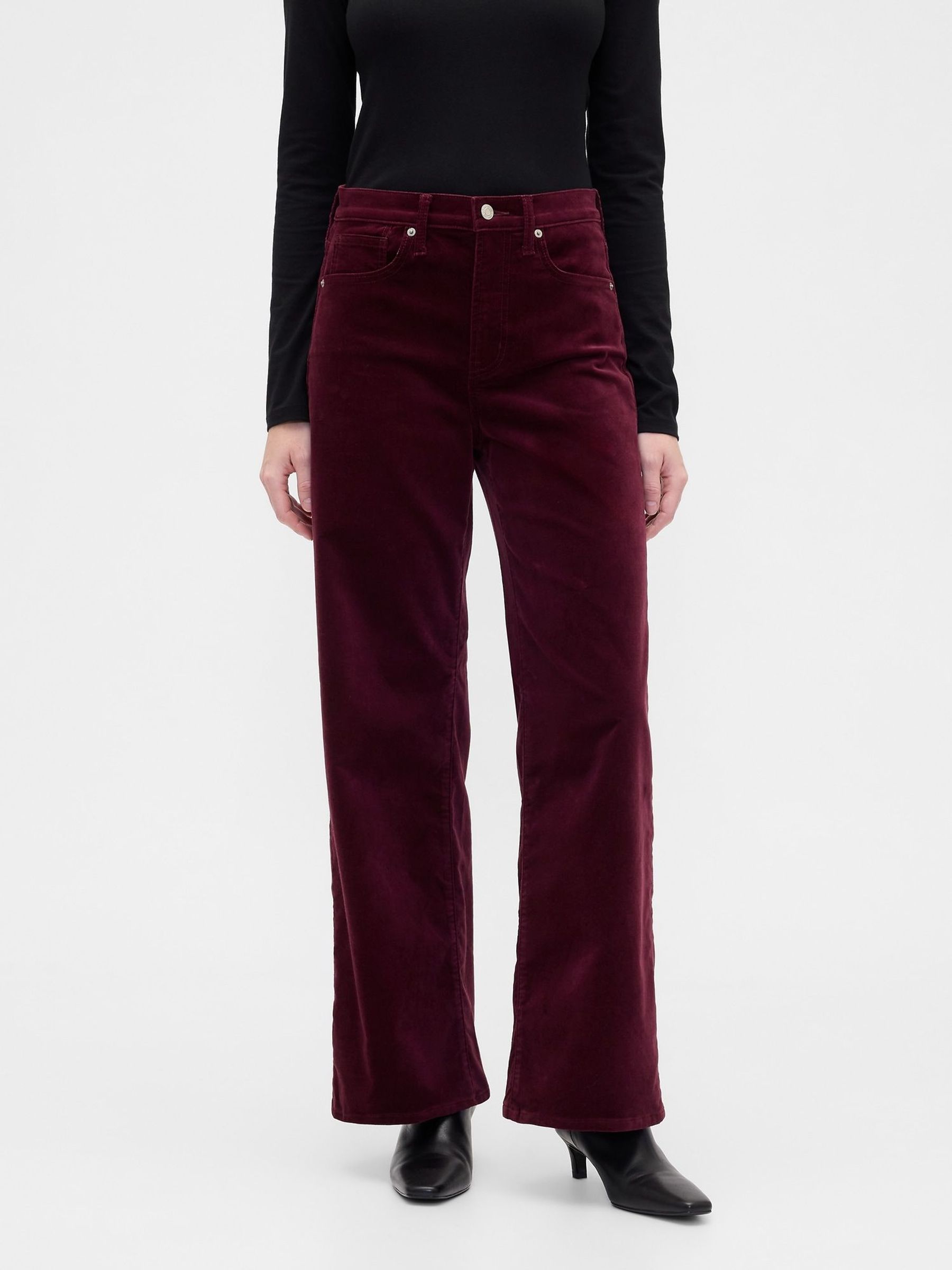 Burgundy Red High Waisted Wide Leg Velvet Trousers (V27886) | £50