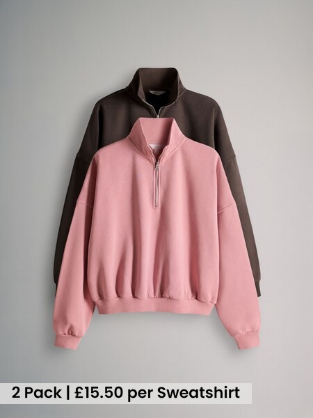 Pink/Chocolate Brown 2 Pack Half Zip Funnel Neck Sweatshirts (V28571) | £31